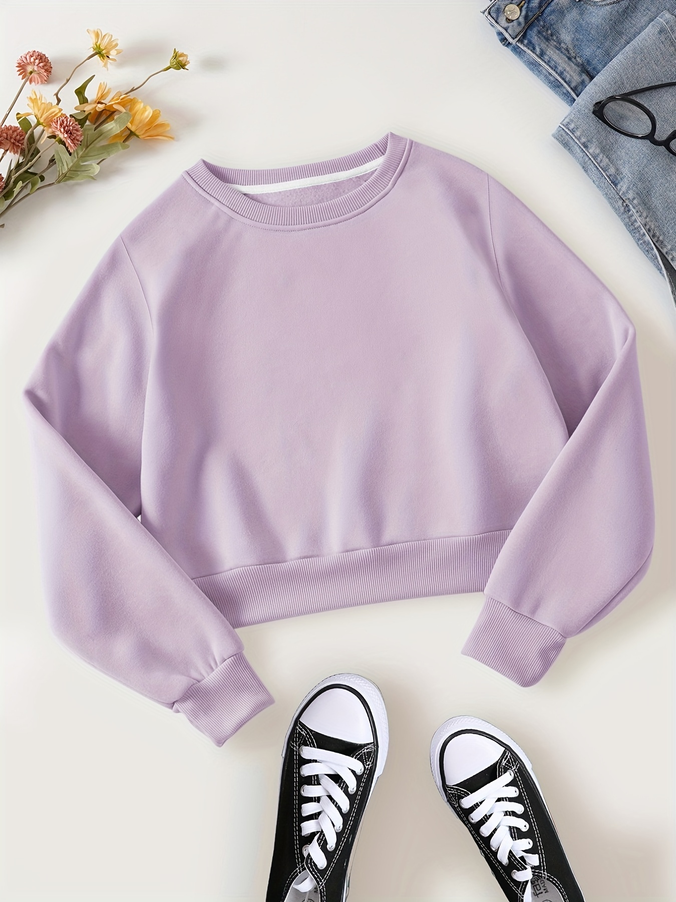 solid crop pullover sweatshirt casual long sleeve crew neck sweatshirt womens clothing details 15