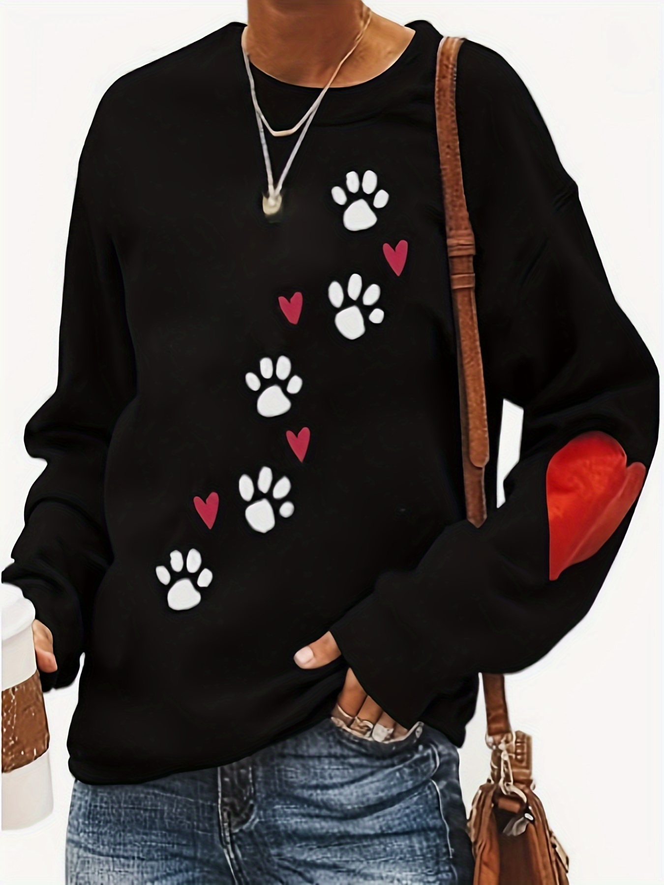 paw heart print pullover sweatshirt casual long sleeve crew neck sweatshirt for fall winter womens clothing details 0