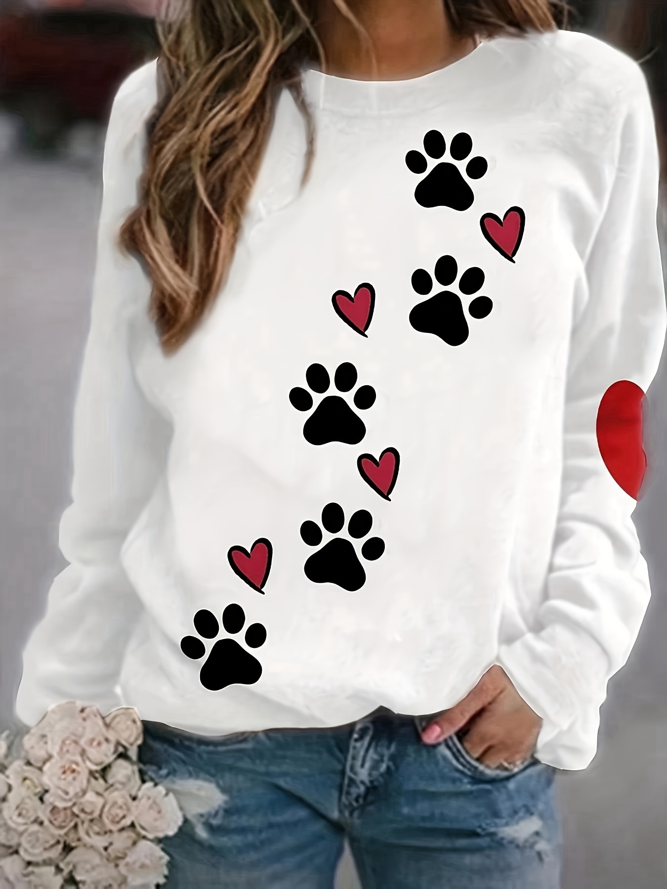 paw heart print pullover sweatshirt casual long sleeve crew neck sweatshirt for fall winter womens clothing details 7