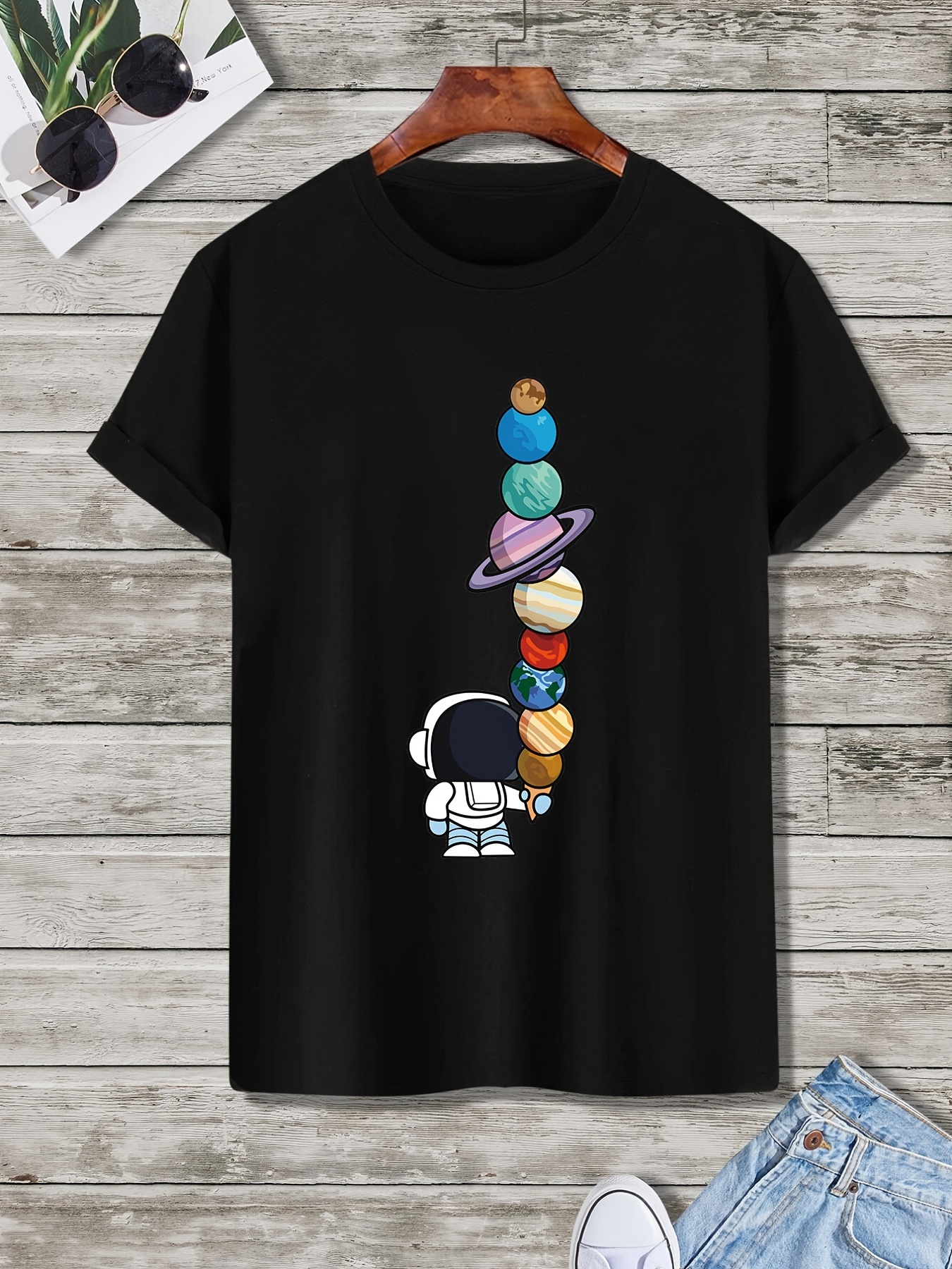 mens cartoon polyester astronaut and planet print tee best sellers details 56