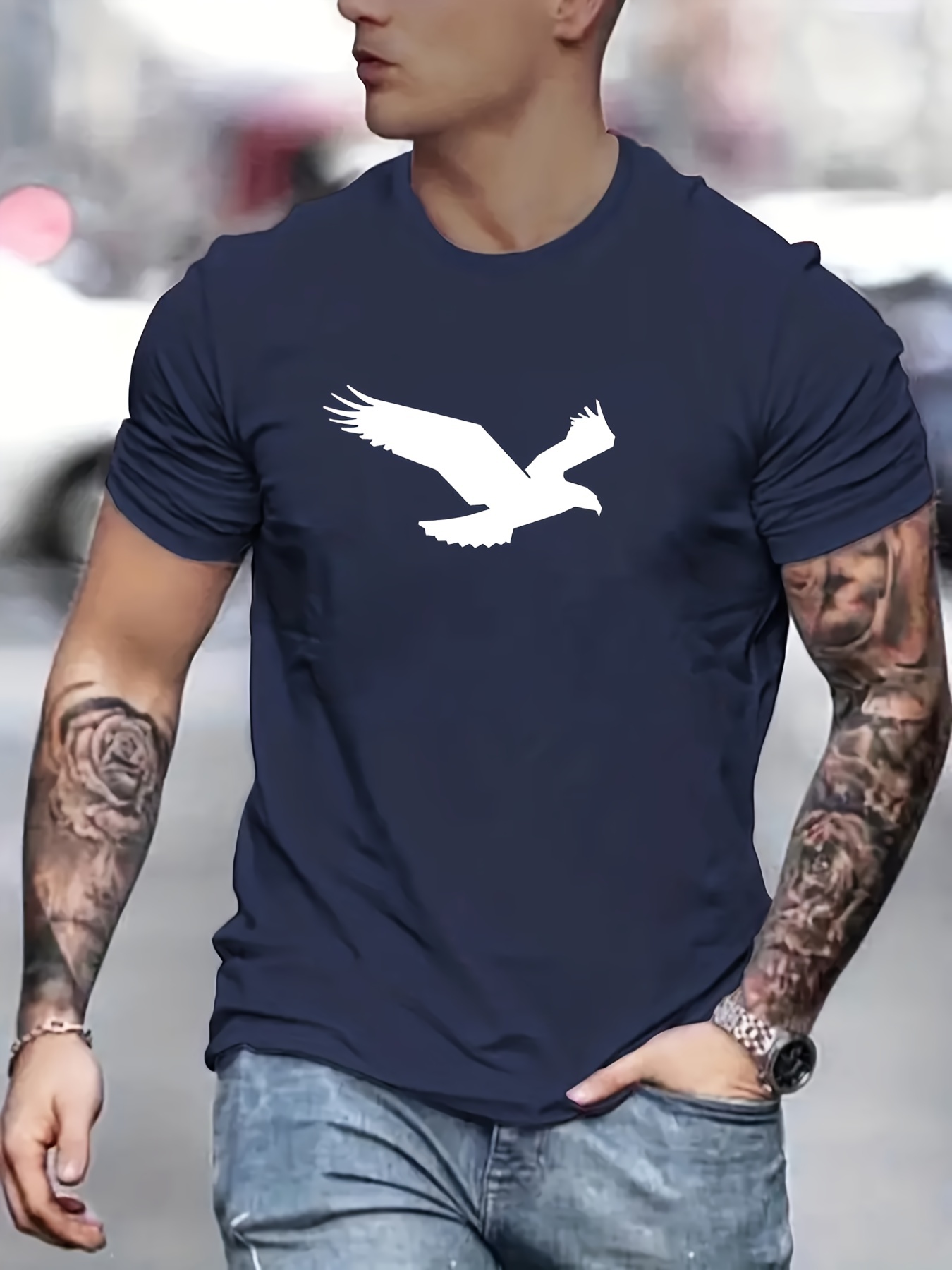 eagle pattern t shirt mens casual street style slightly stretch round neck tee shirt for summer fall details 15