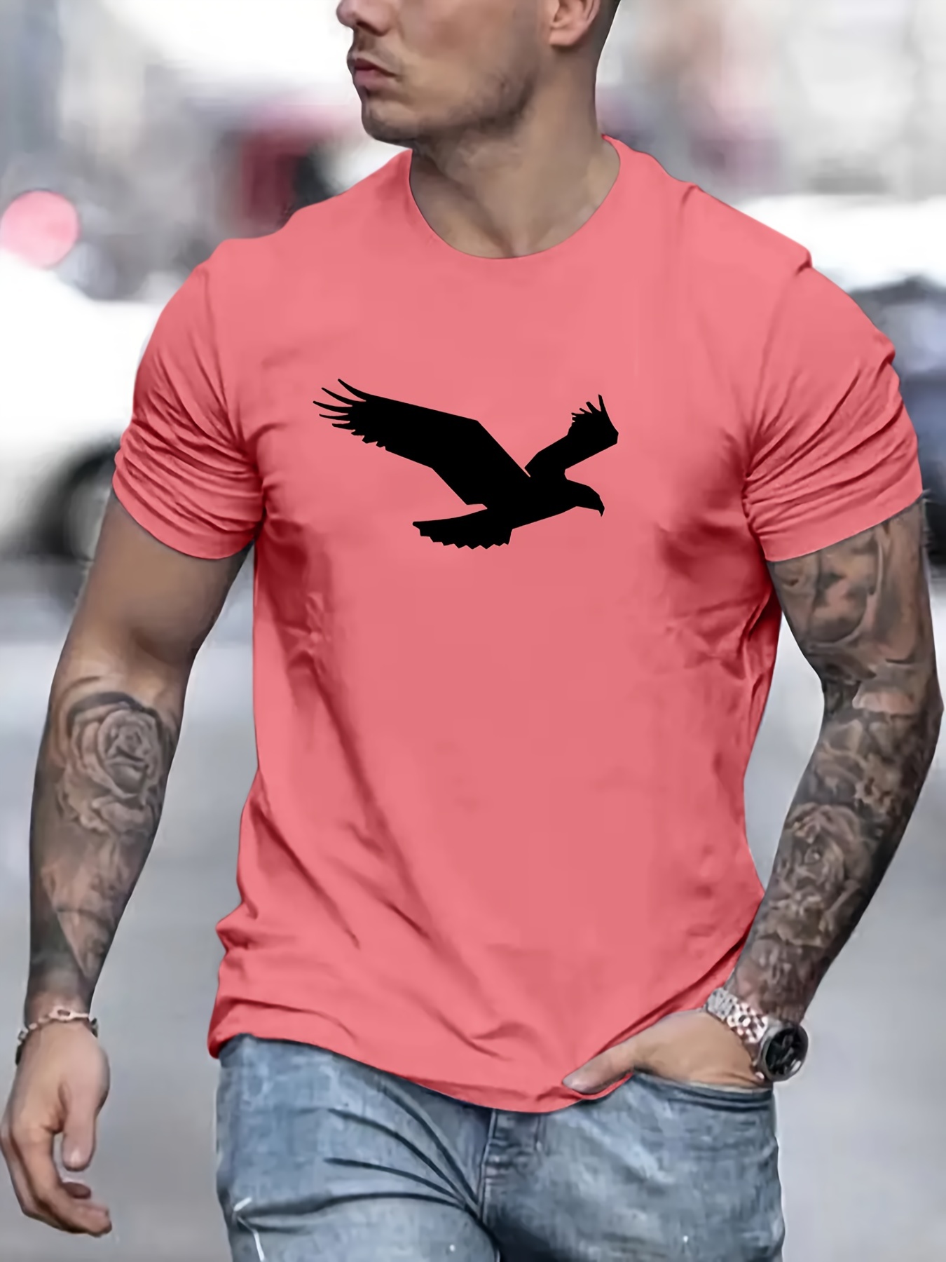 eagle pattern t shirt mens casual street style slightly stretch round neck tee shirt for summer fall details 25