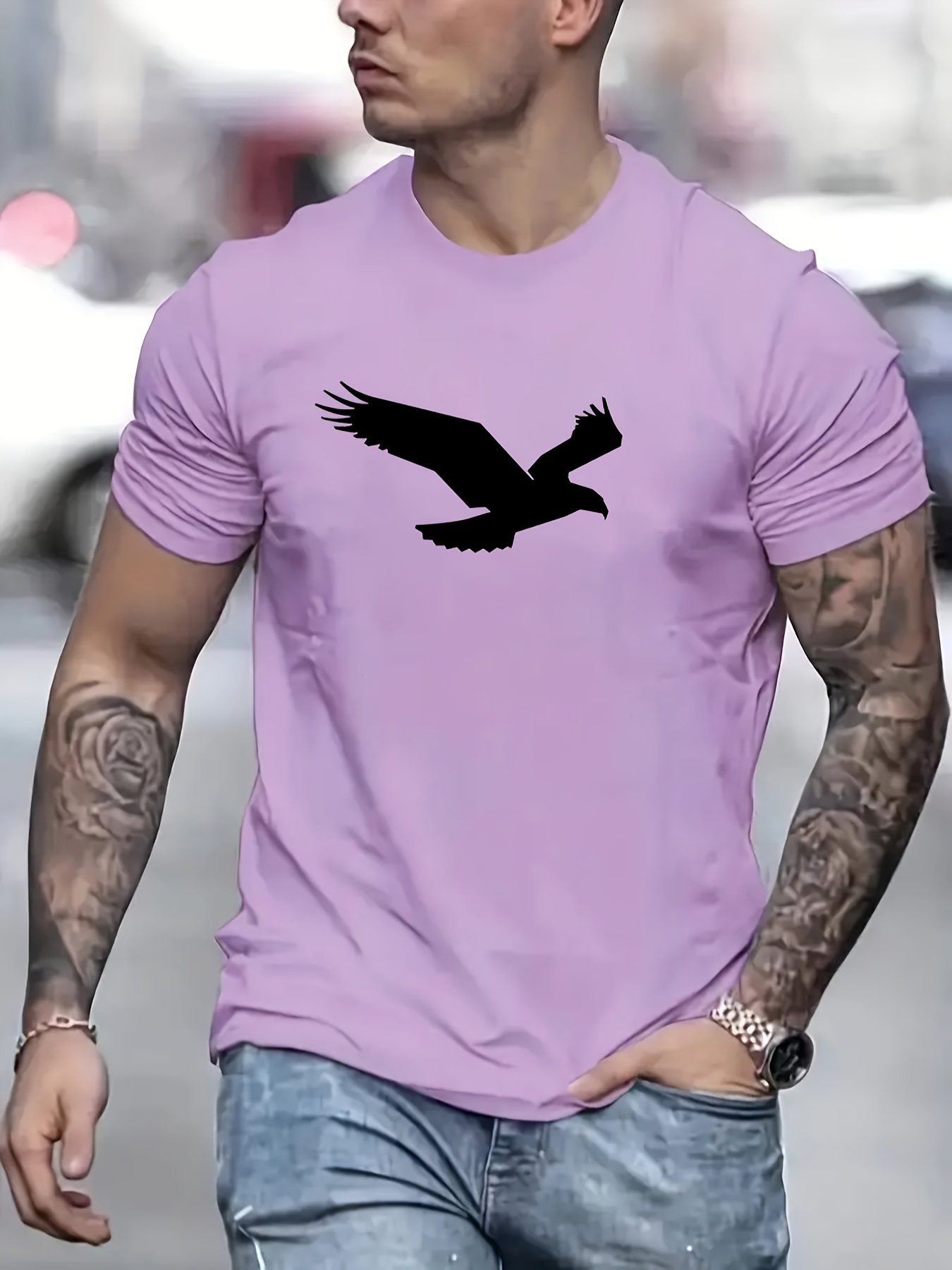 eagle pattern t shirt mens casual street style slightly stretch round neck tee shirt for summer fall details 30