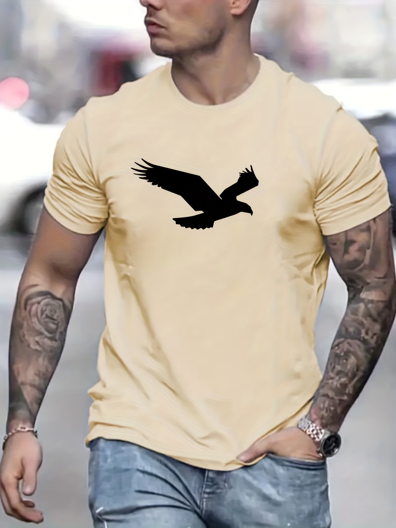 eagle pattern t shirt mens casual street style slightly stretch round neck tee shirt for summer fall details 45