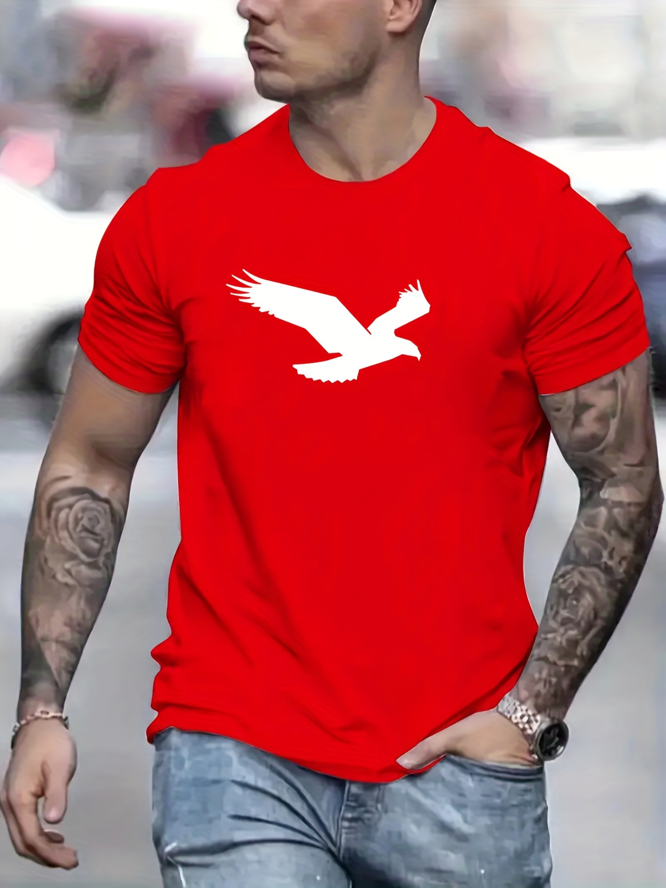 eagle pattern t shirt mens casual street style slightly stretch round neck tee shirt for summer fall details 56