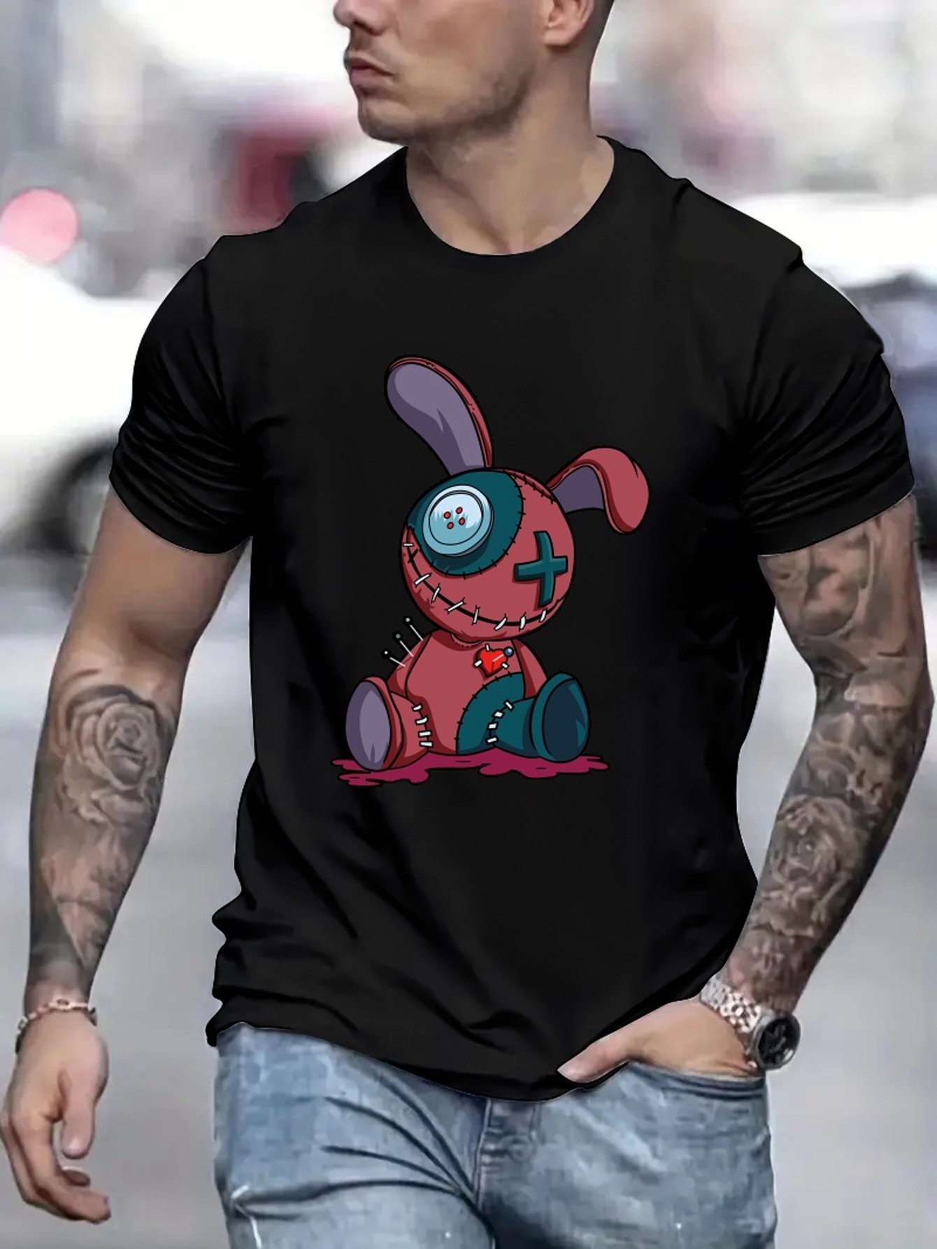 voodoo doll graphic print mens creative top casual mid stretch short sleeve crew neck t shirt mens tee for summer outdoor details 18