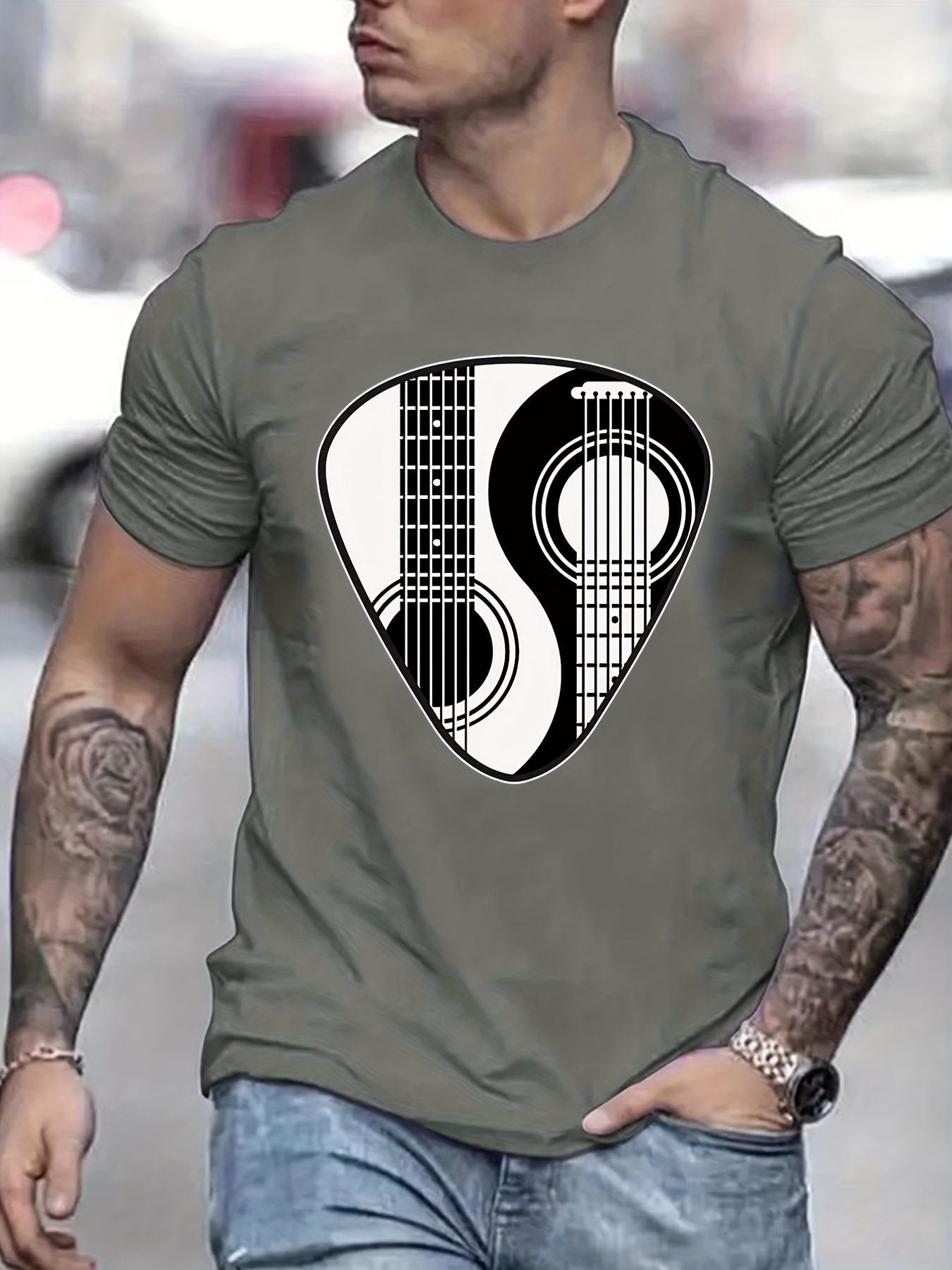 guitar lover yin yang guitar pattern print mens comfy slightly stretch t shirt graphic tee mens summer clothes mens casual outfits for sports fitness details 15