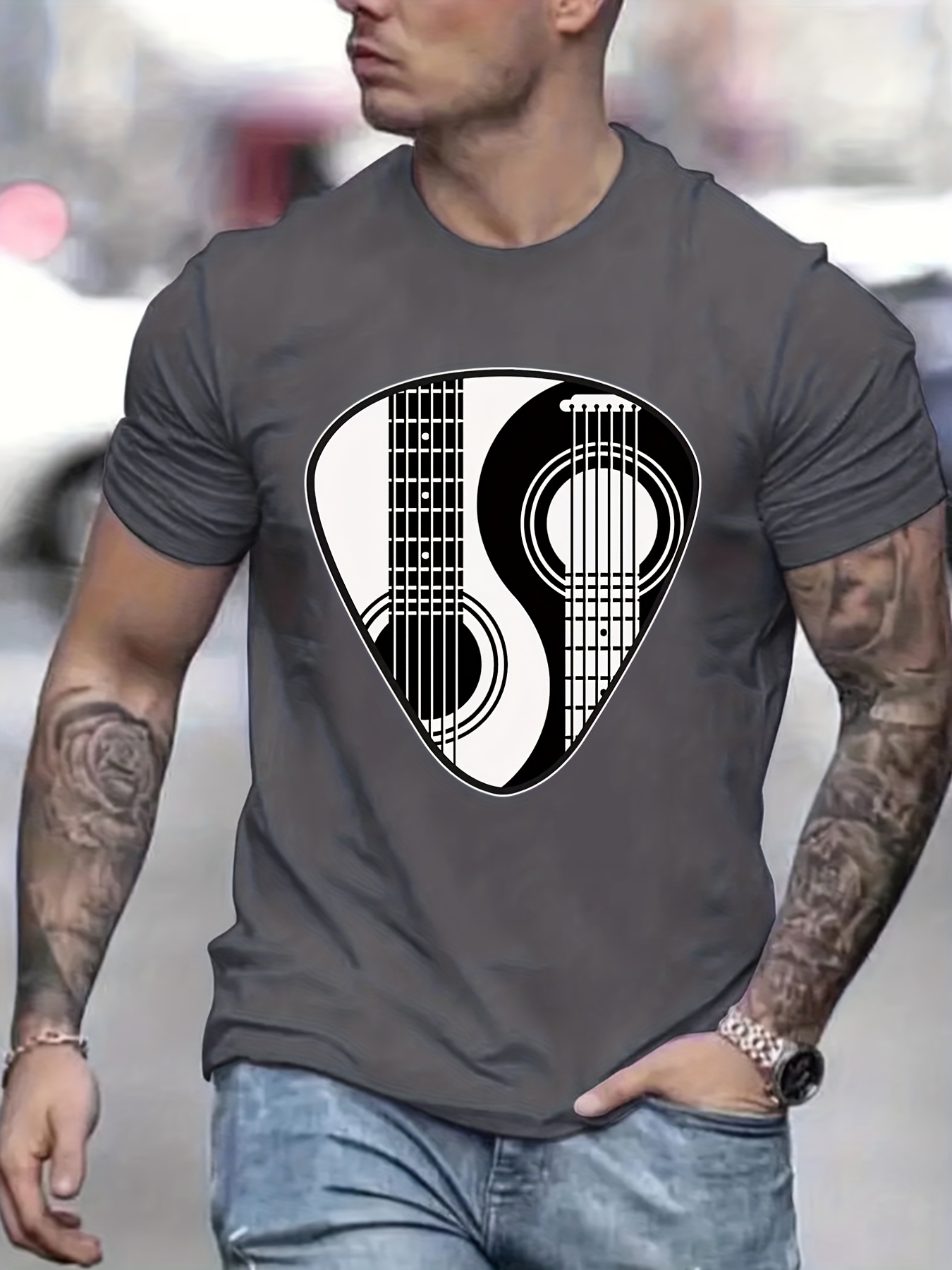 guitar lover yin yang guitar pattern print mens comfy slightly stretch t shirt graphic tee mens summer clothes mens casual outfits for sports fitness details 20