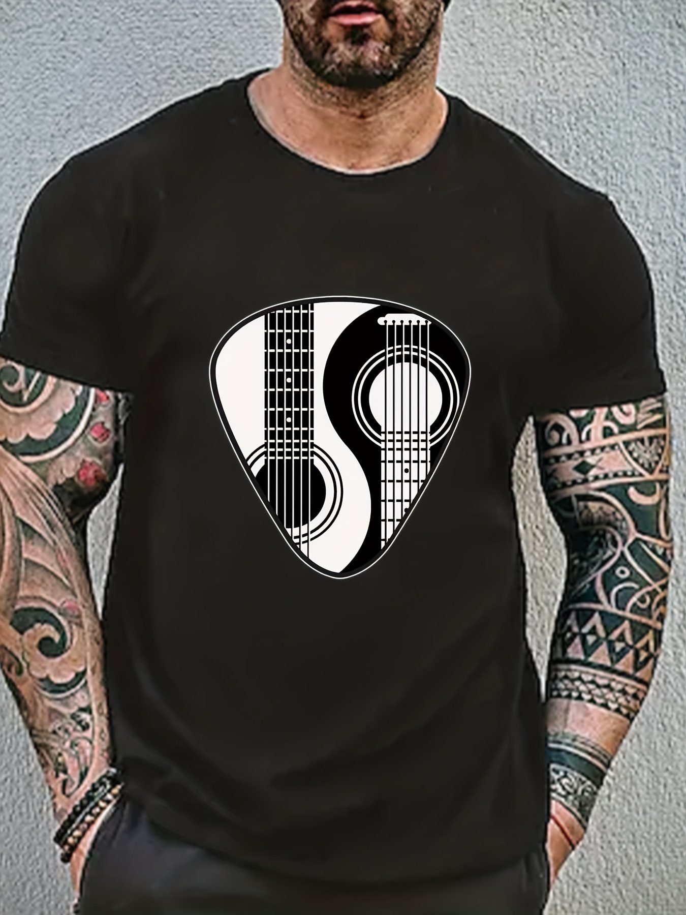 guitar lover yin yang guitar pattern print mens comfy slightly stretch t shirt graphic tee mens summer clothes mens casual outfits for sports fitness details 38