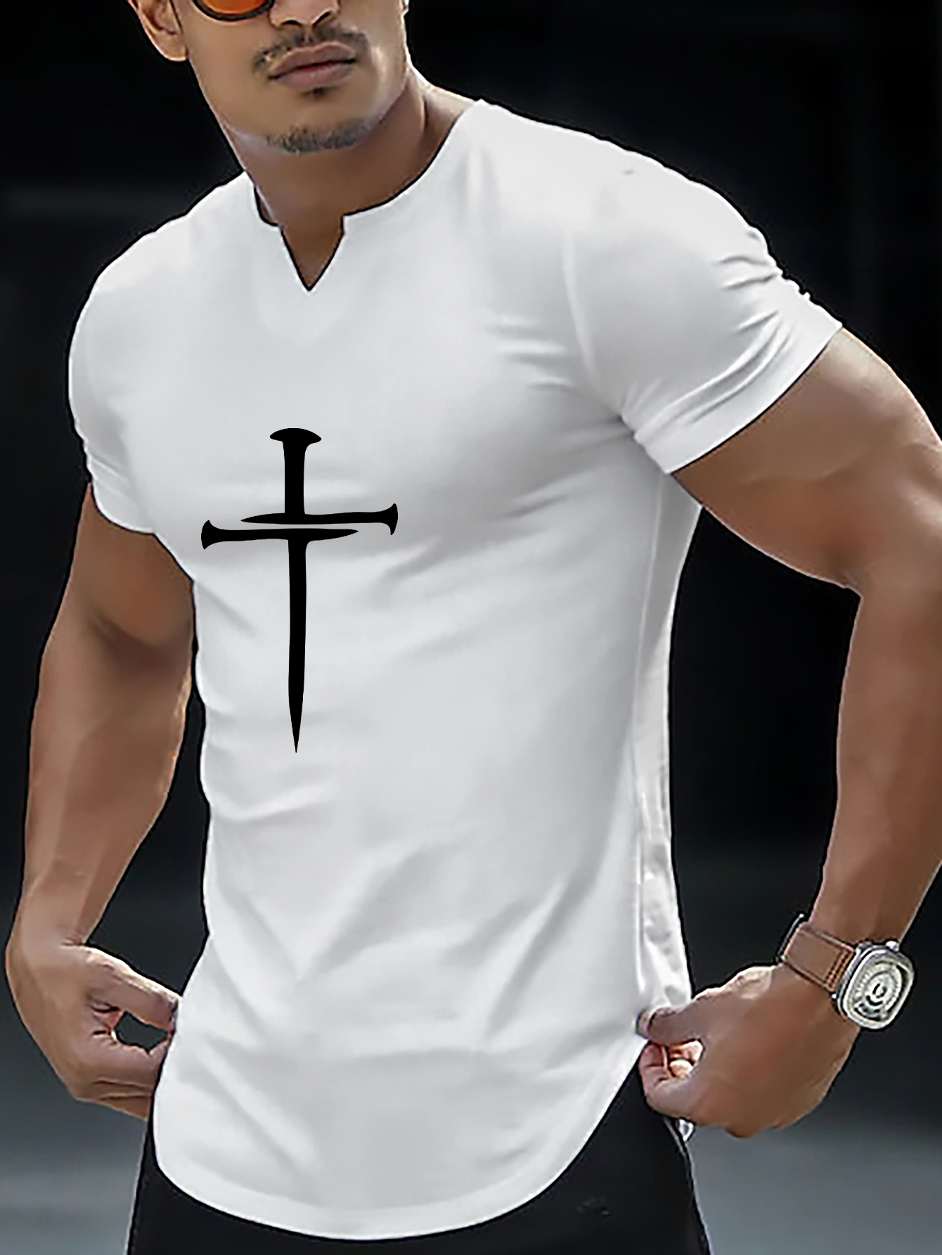 christian cross pattern print mens comfy v neck t shirt graphic tee mens summer clothes mens outfits details 0