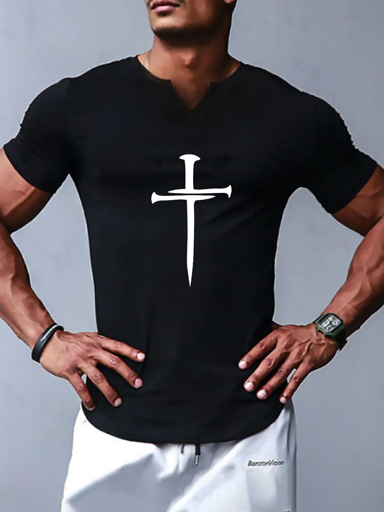 christian cross pattern print mens comfy v neck t shirt graphic tee mens summer clothes mens outfits details 5