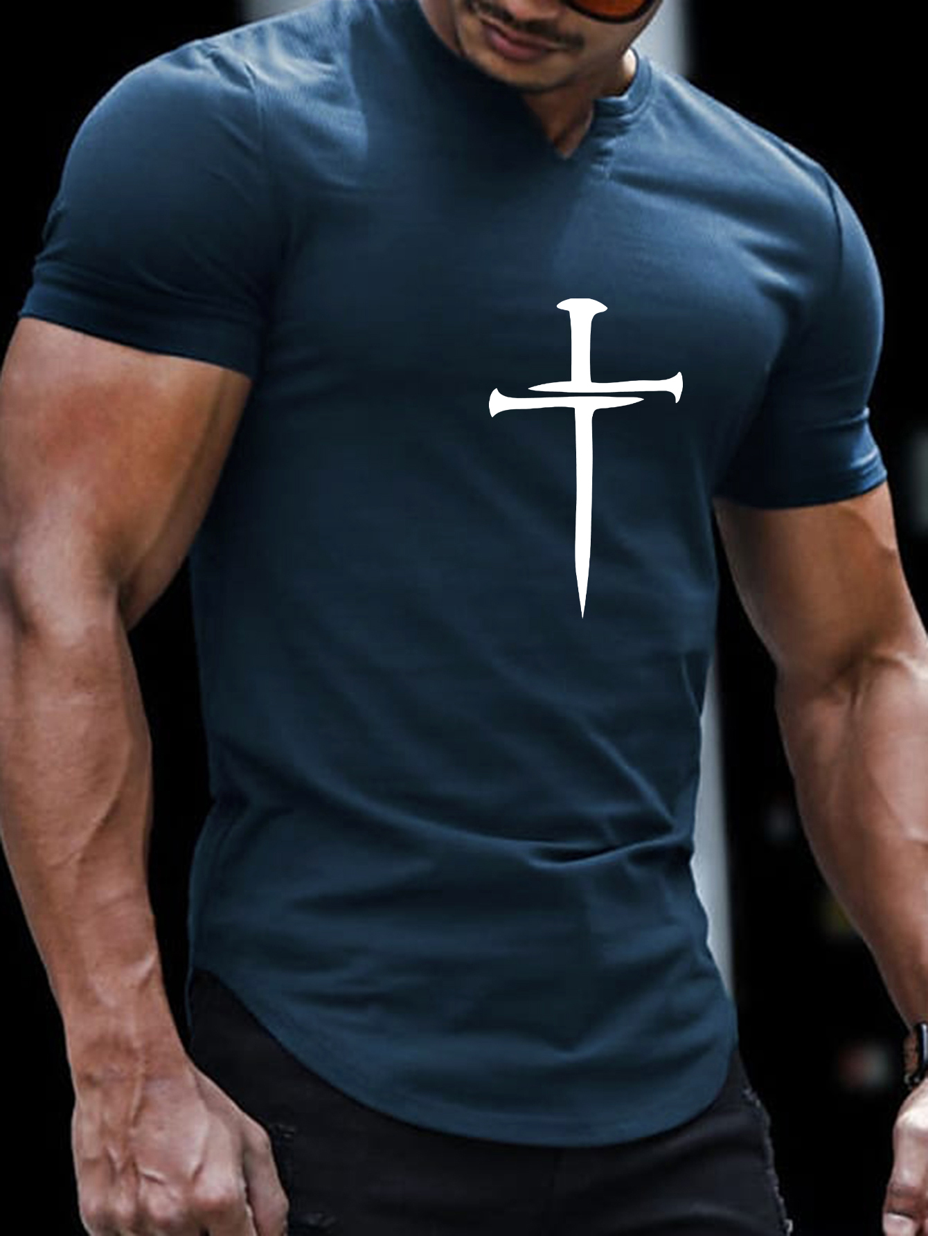 christian cross pattern print mens comfy v neck t shirt graphic tee mens summer clothes mens outfits details 11