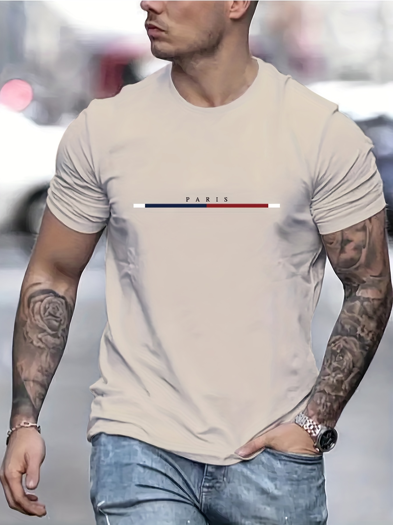 paris letter and stripe graphic print mens creative top casual short sleeve crew neck t shirt mens clothing for summer outdoor details 0