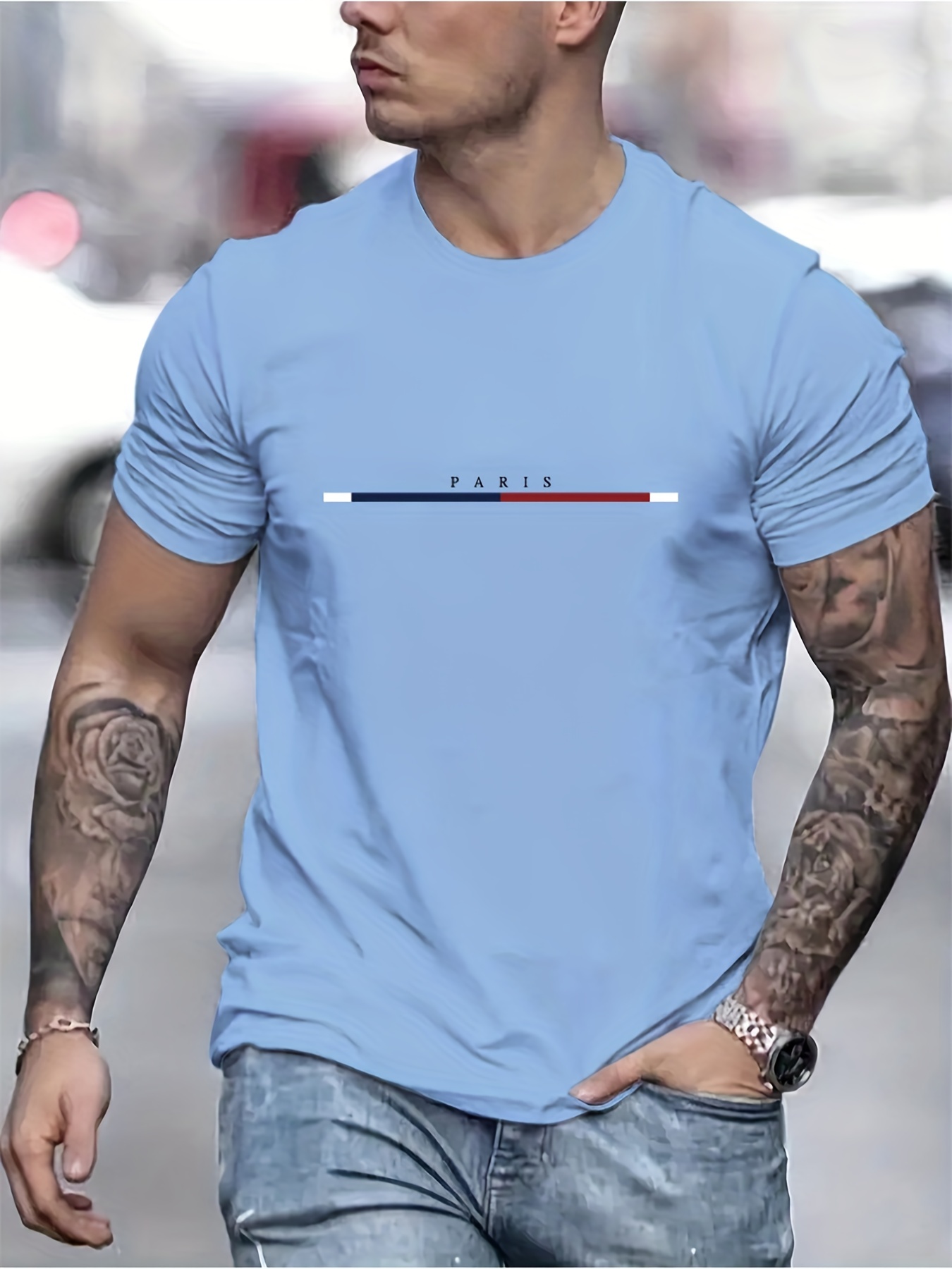 paris letter and stripe graphic print mens creative top casual short sleeve crew neck t shirt mens clothing for summer outdoor details 5