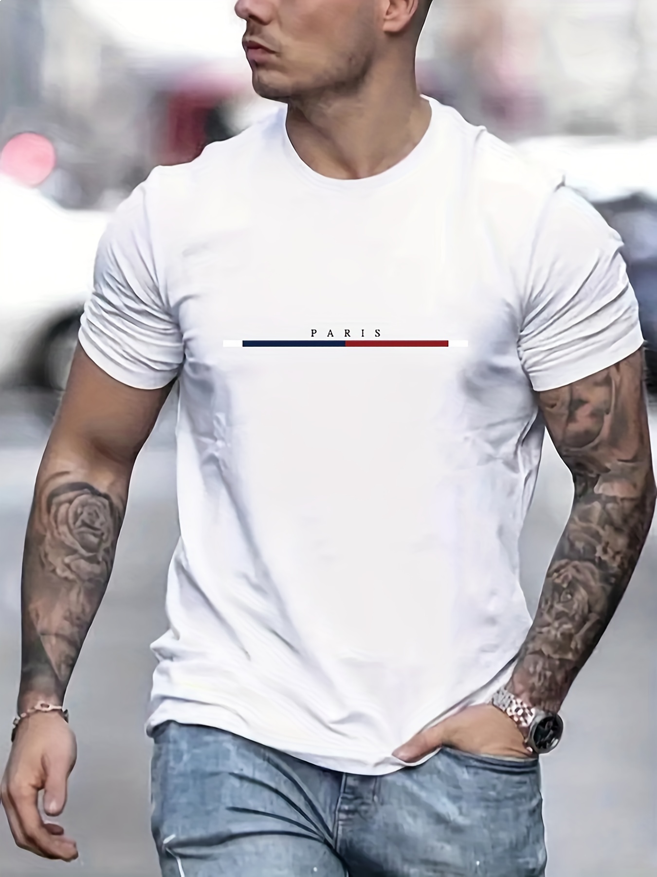 paris letter and stripe graphic print mens creative top casual short sleeve crew neck t shirt mens clothing for summer outdoor details 10