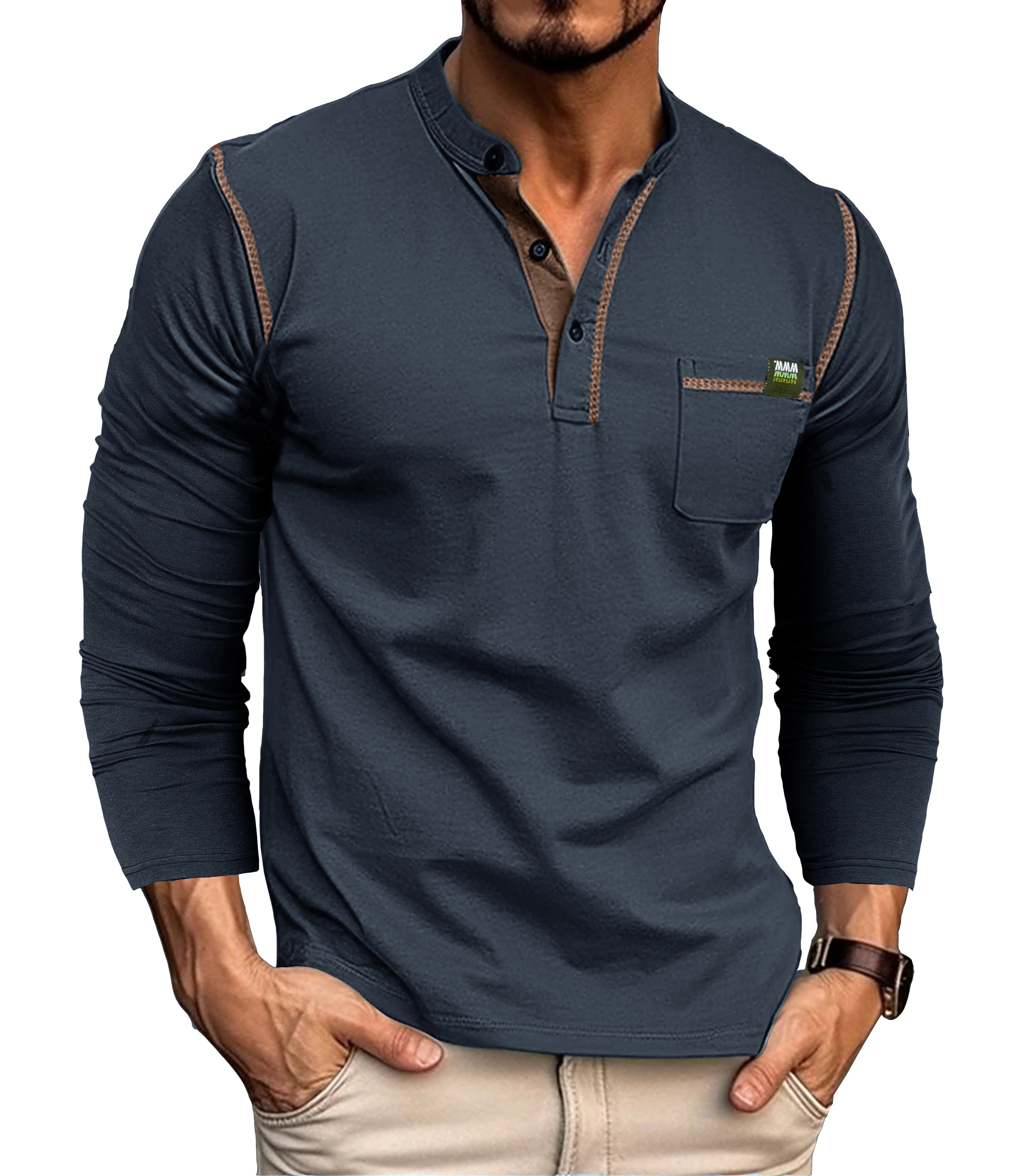 retro henley shirt mens casual v neck pullover long sleeve tshirts for spring fall mens clothing details 7