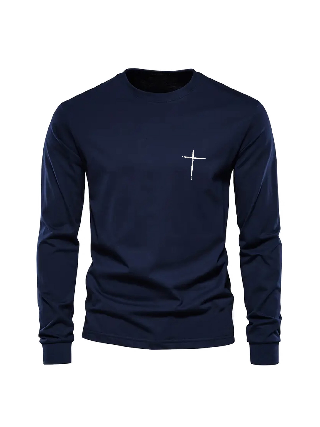 simple cross print mens trendy long sleeve crew neck t shirt spring fall details 6