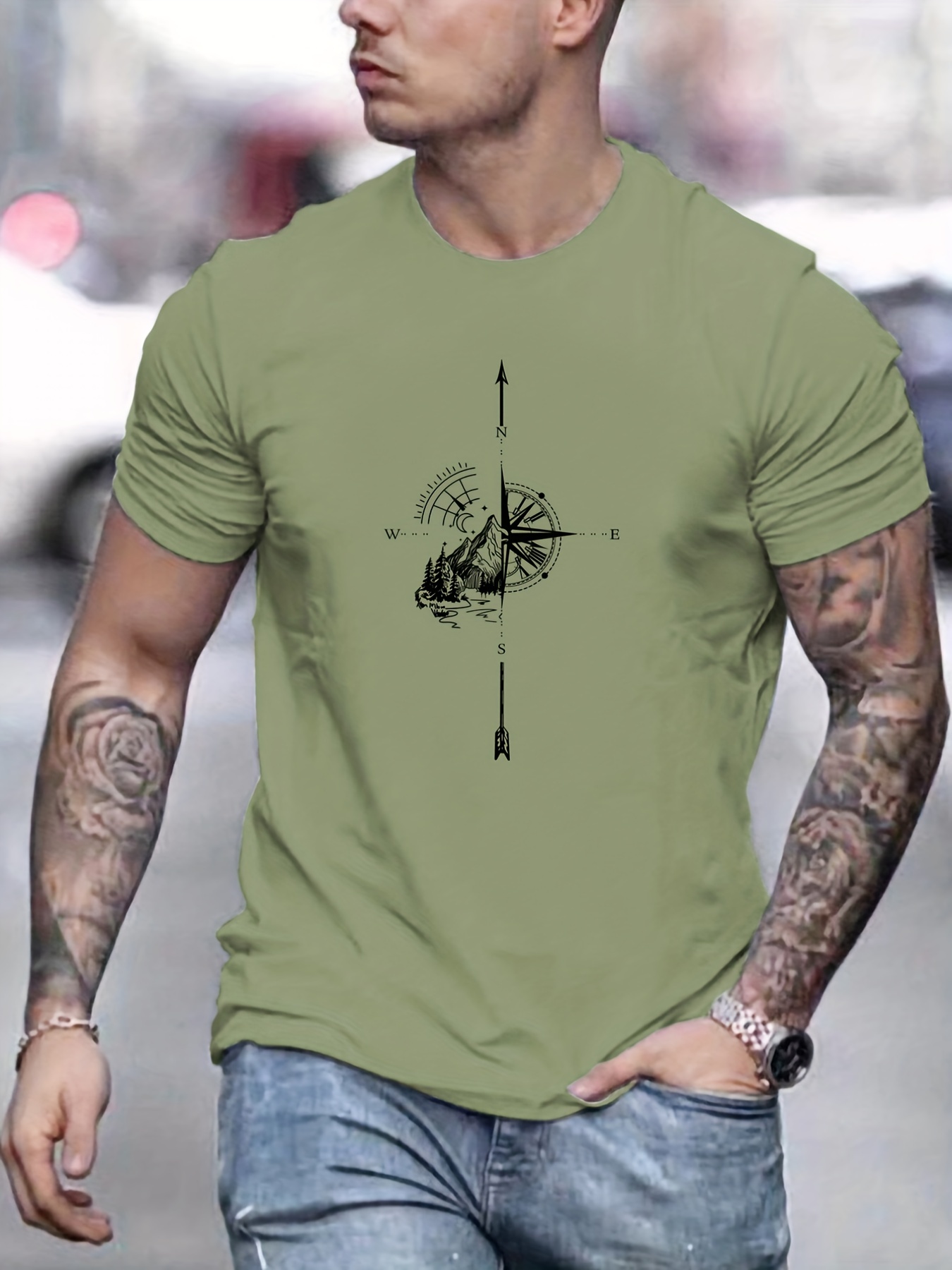 mountain and compass pattern print mens comfy t shirt graphic tee mens summer outdoor clothes mens clothing tops for men details 0