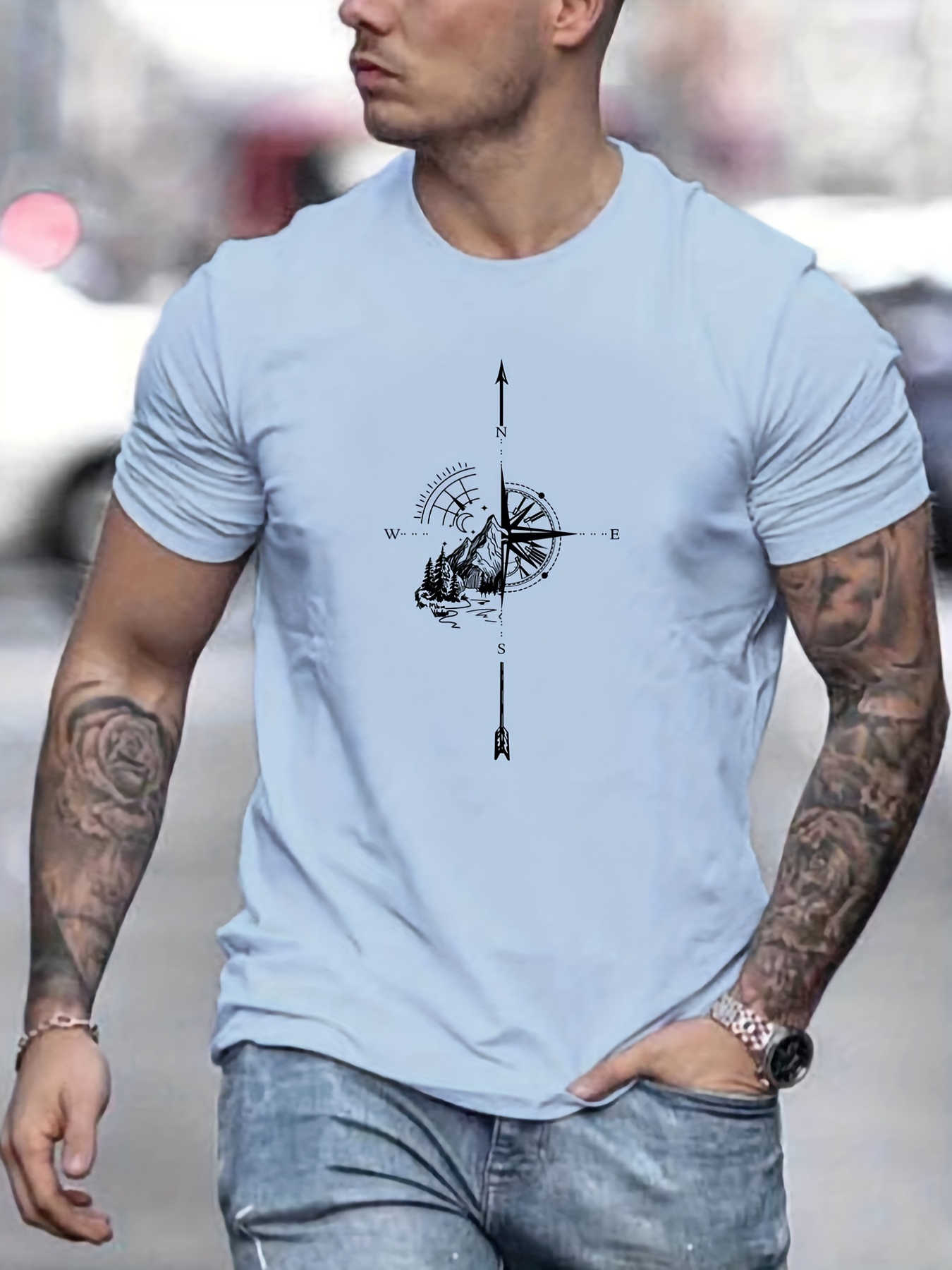 mountain and compass pattern print mens comfy t shirt graphic tee mens summer outdoor clothes mens clothing tops for men details 5