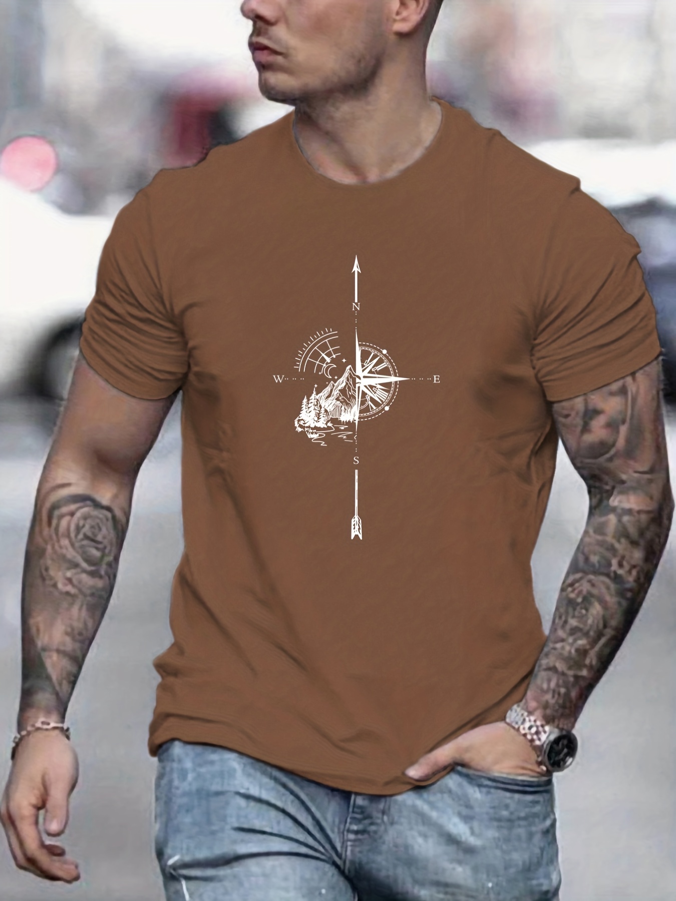 mountain and compass pattern print mens comfy t shirt graphic tee mens summer outdoor clothes mens clothing tops for men details 10