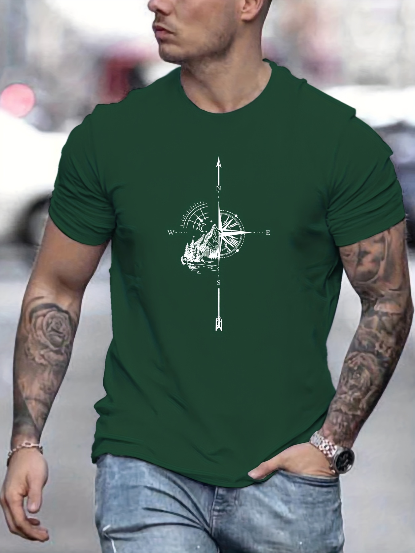 mountain and compass pattern print mens comfy t shirt graphic tee mens summer outdoor clothes mens clothing tops for men details 15