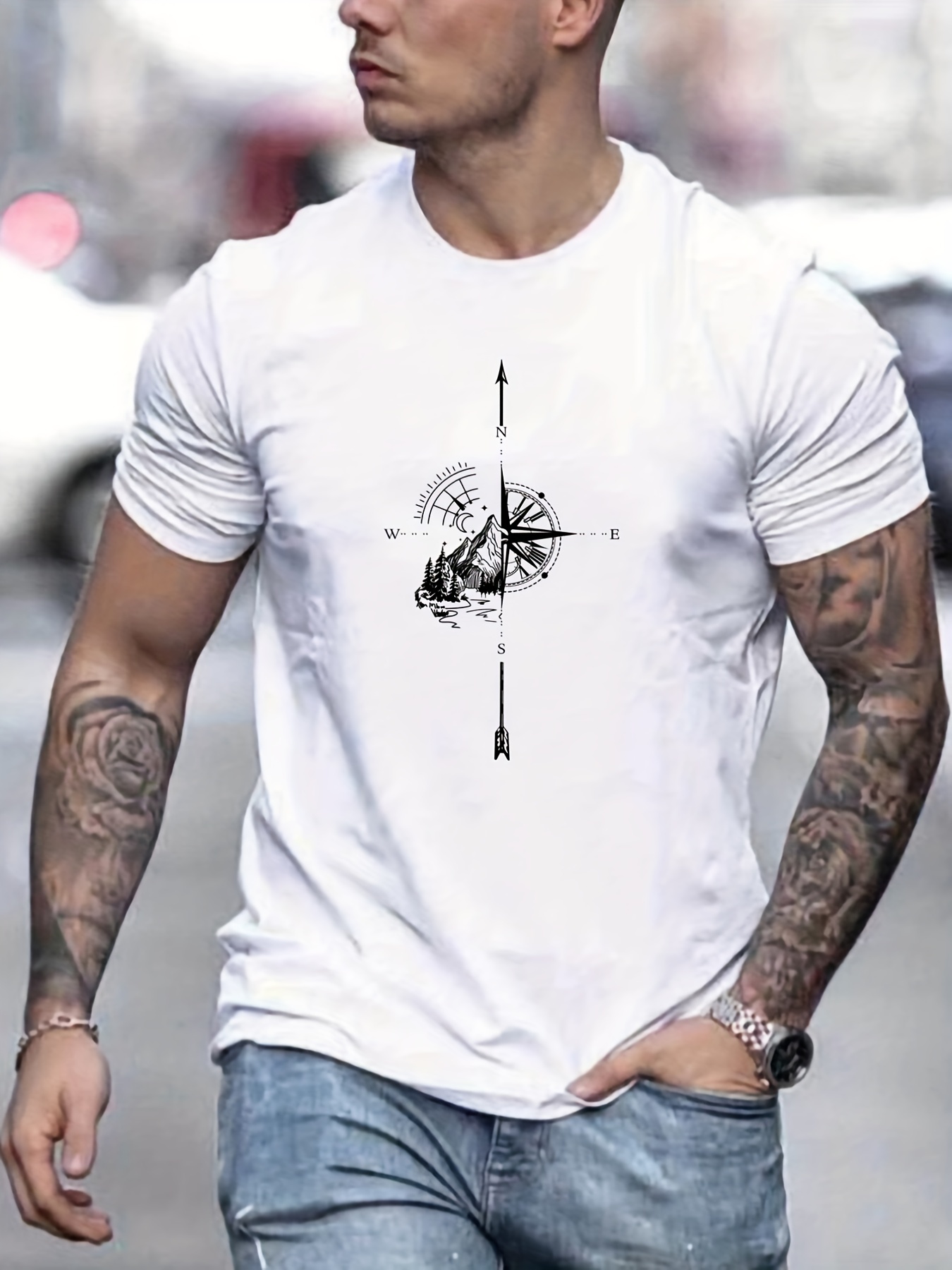 mountain and compass pattern print mens comfy t shirt graphic tee mens summer outdoor clothes mens clothing tops for men details 26