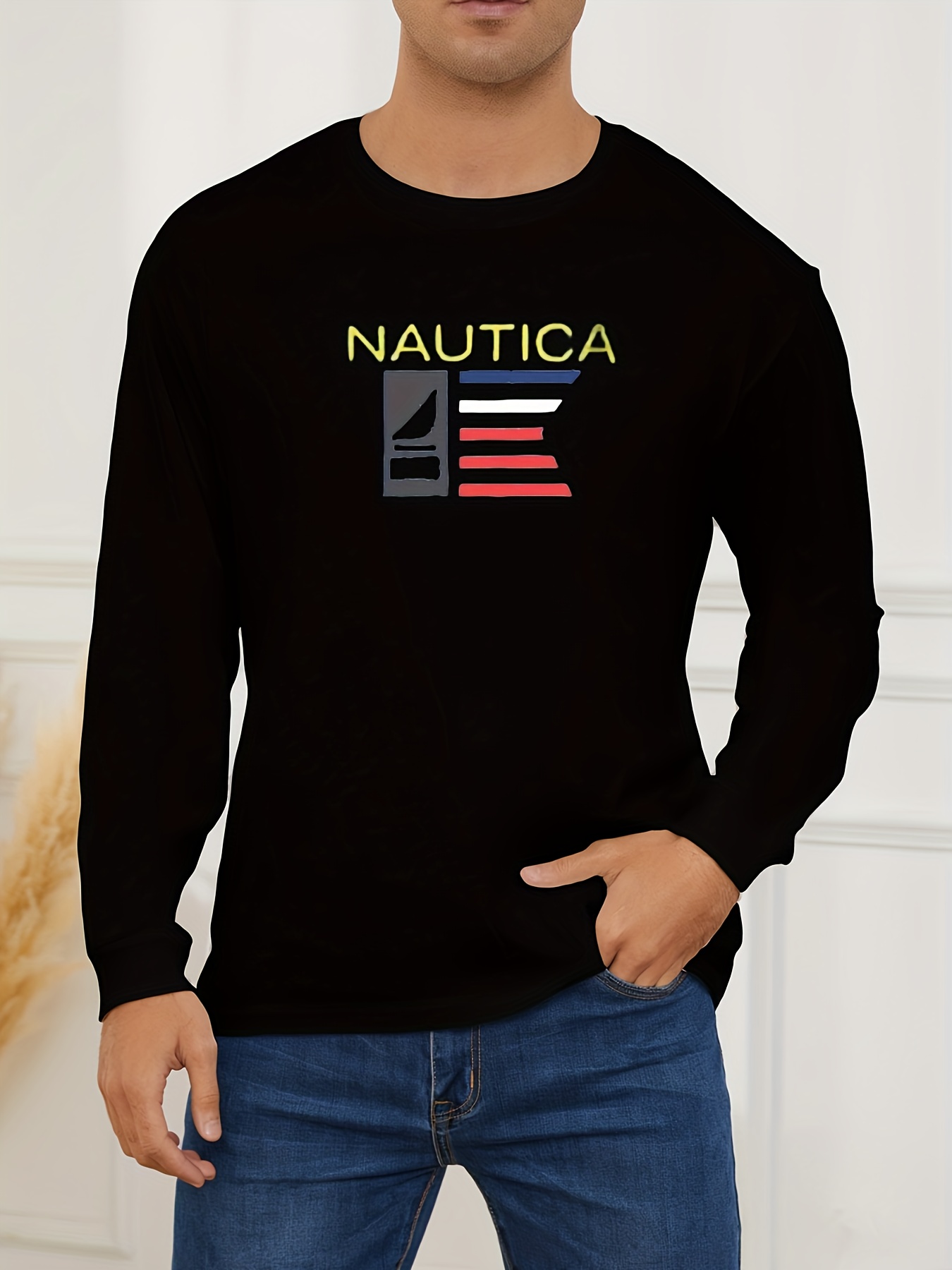 mens stylish loose nautica pattern sweatshirt casual slightly stretch breathable crew neck long sleeve top for city walk street hanging outdoor activities details 0