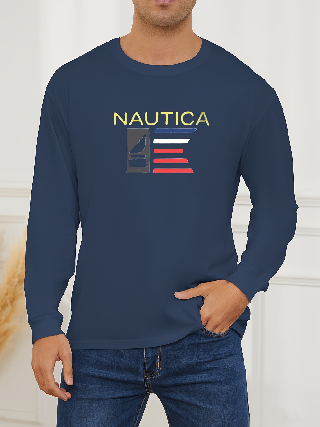 mens stylish loose nautica pattern sweatshirt casual slightly stretch breathable crew neck long sleeve top for city walk street hanging outdoor activities details 6