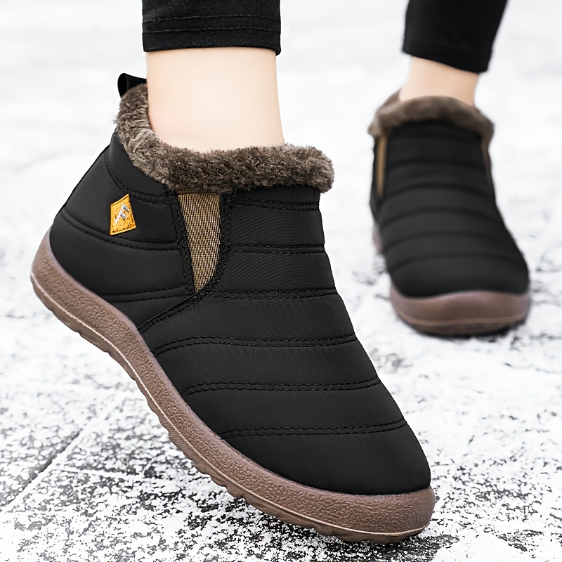 womens waterproof snow boots solid color plush lined slip on ankle boots winter warm outdoor flat boots details 7