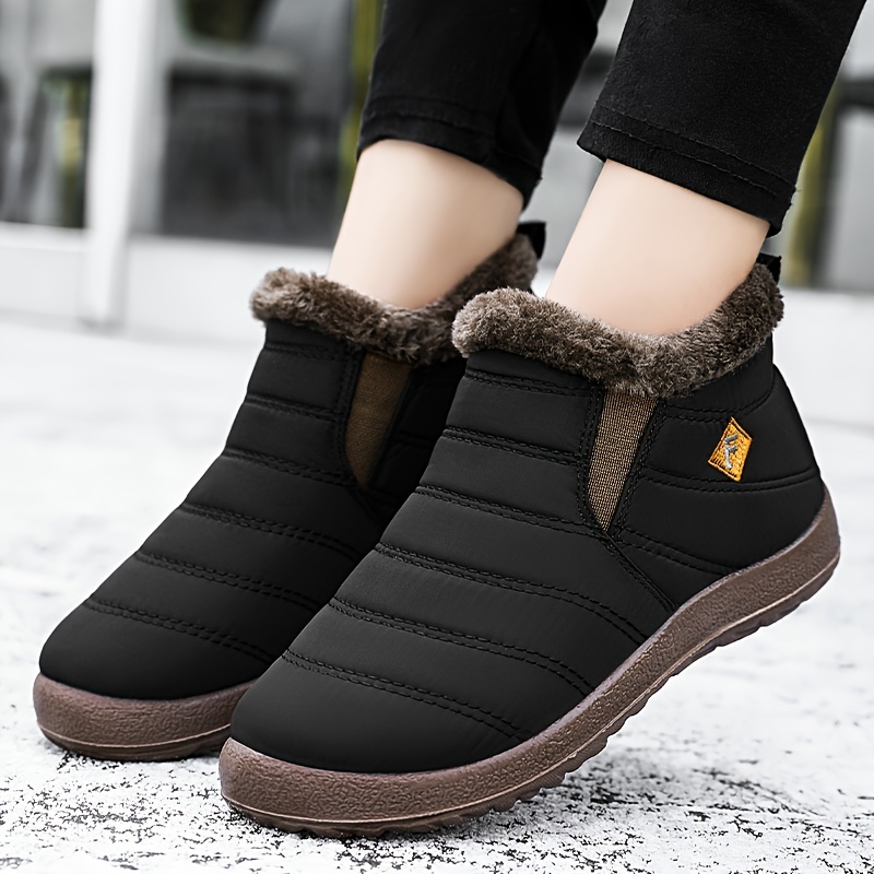 womens waterproof snow boots solid color plush lined slip on ankle boots winter warm outdoor flat boots details 8