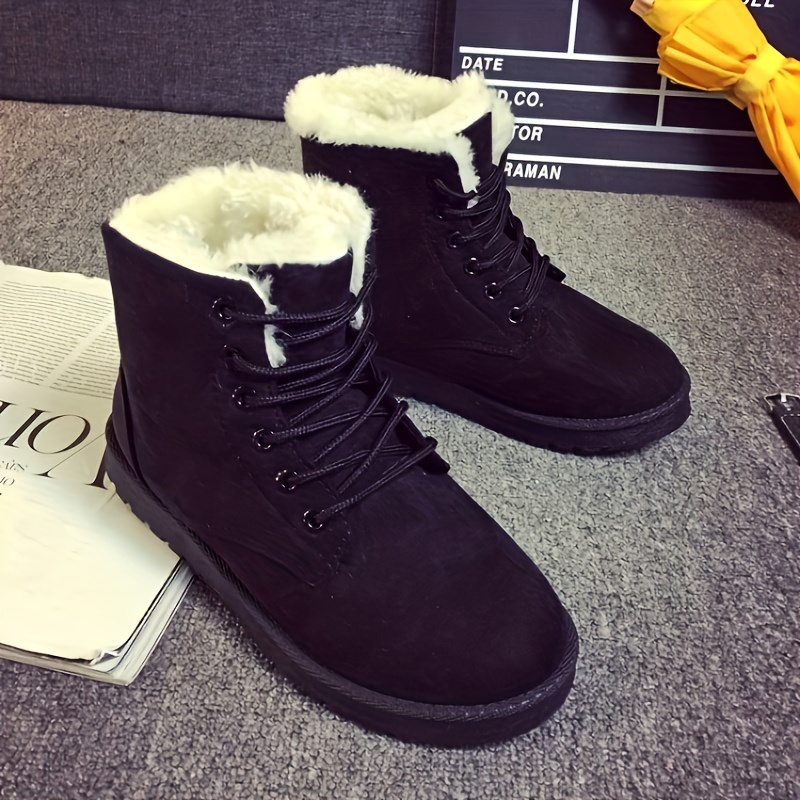 womens solid color snow boots casual lace up plush lined boots comfortable ankle boots details 0