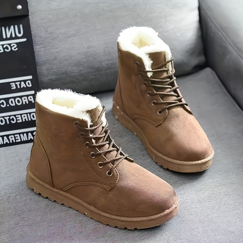 womens solid color snow boots casual lace up plush lined boots comfortable ankle boots details 4