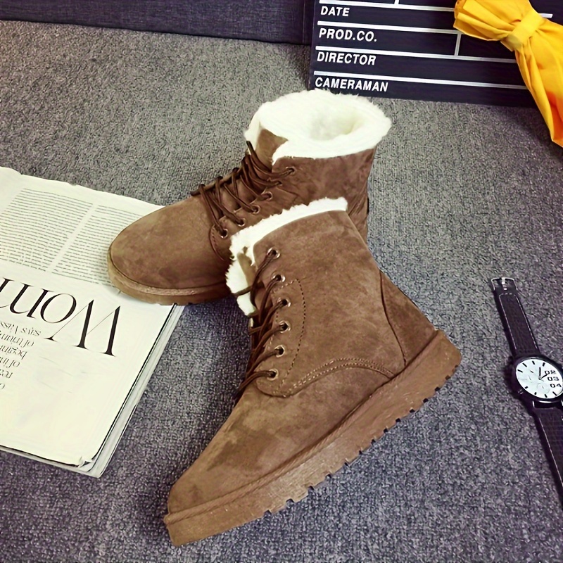 womens solid color snow boots casual lace up plush lined boots comfortable ankle boots details 5