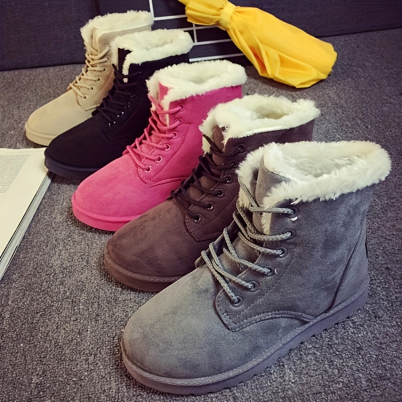 womens solid color snow boots casual lace up plush lined boots comfortable ankle boots details 6