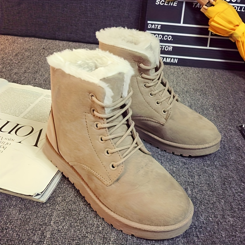 womens solid color snow boots casual lace up plush lined boots comfortable ankle boots details 8