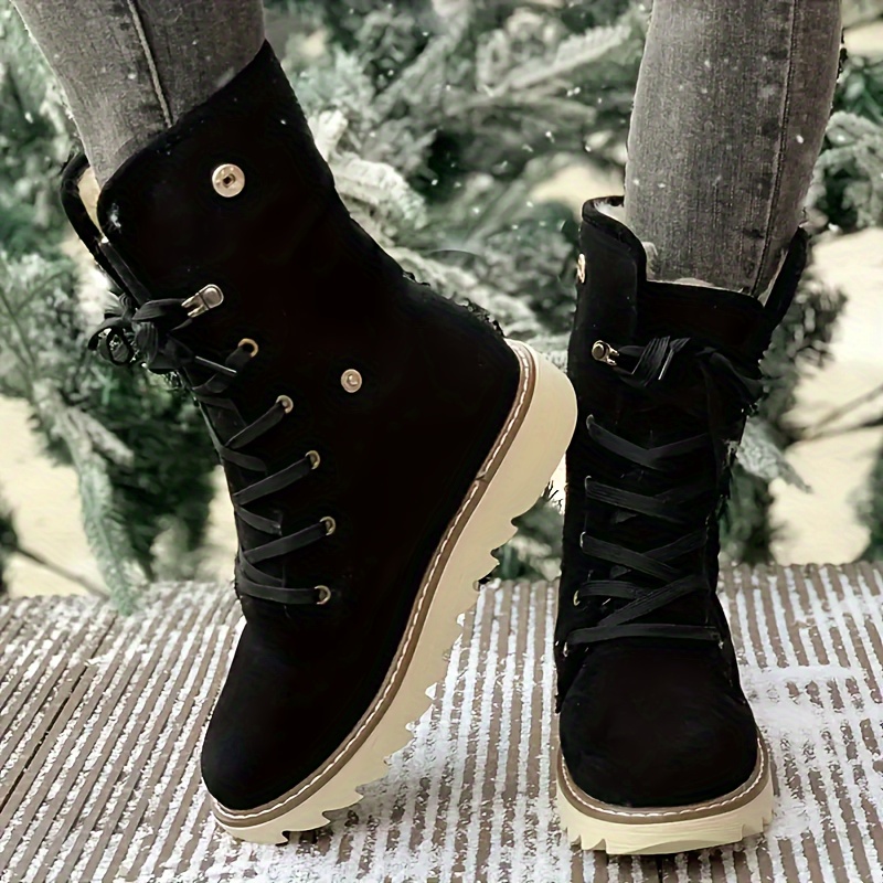 womens fleece lined short boots winter warm lace up flat snow boots solid color outdoor thermal boots details 4