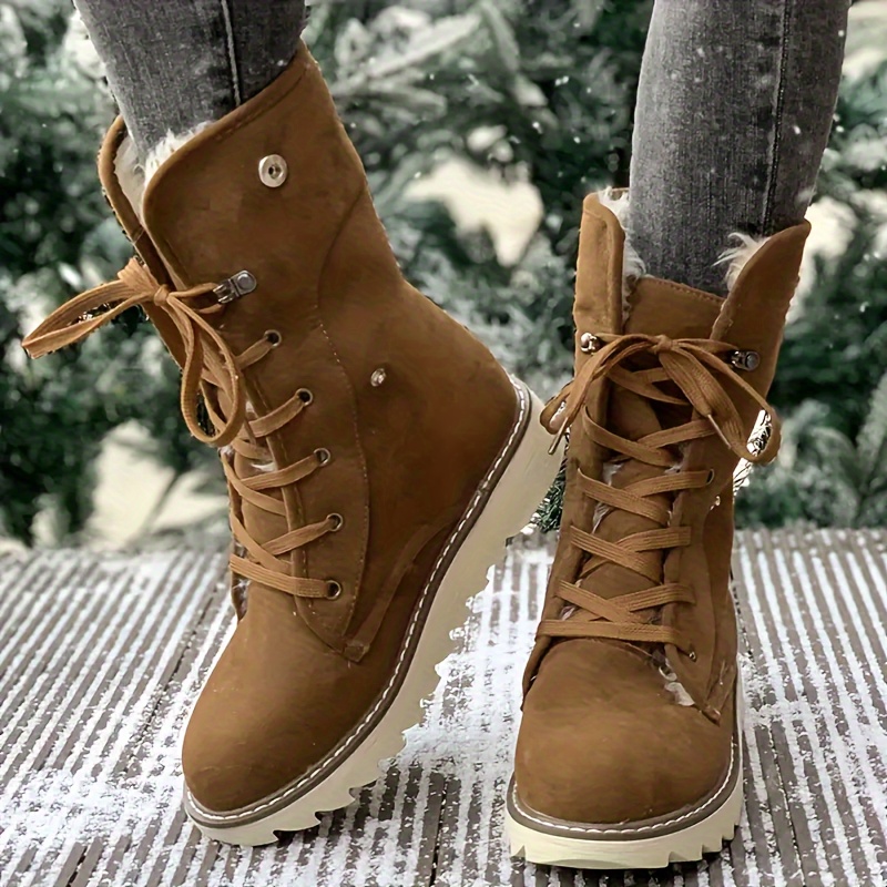 womens fleece lined short boots winter warm lace up flat snow boots solid color outdoor thermal boots details 7