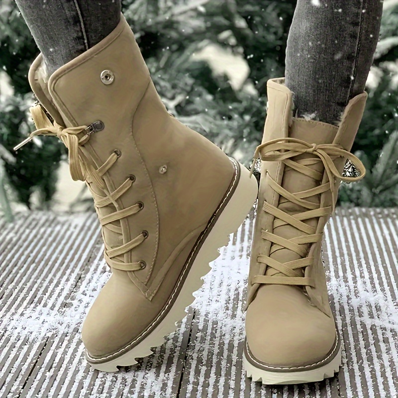 womens fleece lined short boots winter warm lace up flat snow boots solid color outdoor thermal boots details 9