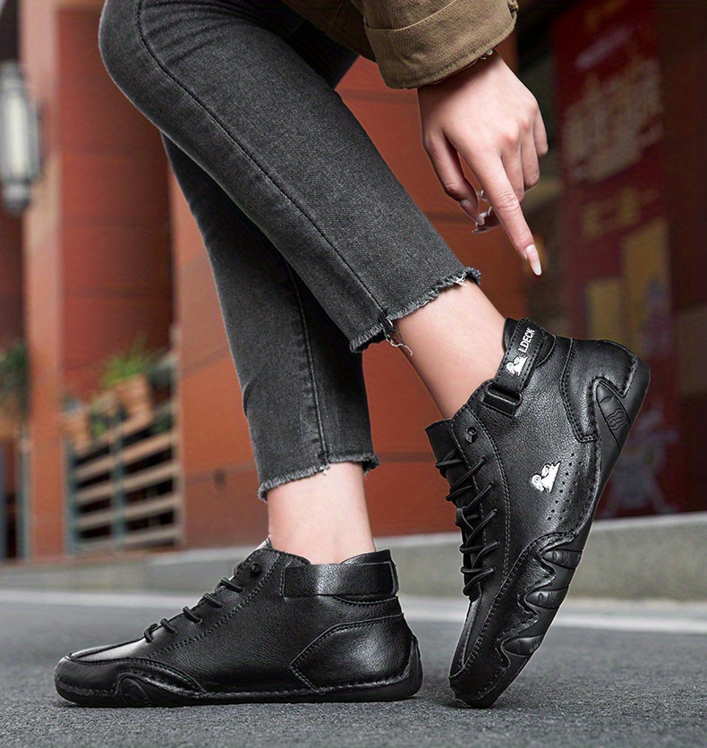 womens retro ankle boots solid color lace up mid top sneakers waterproof non slip flat boots details 1