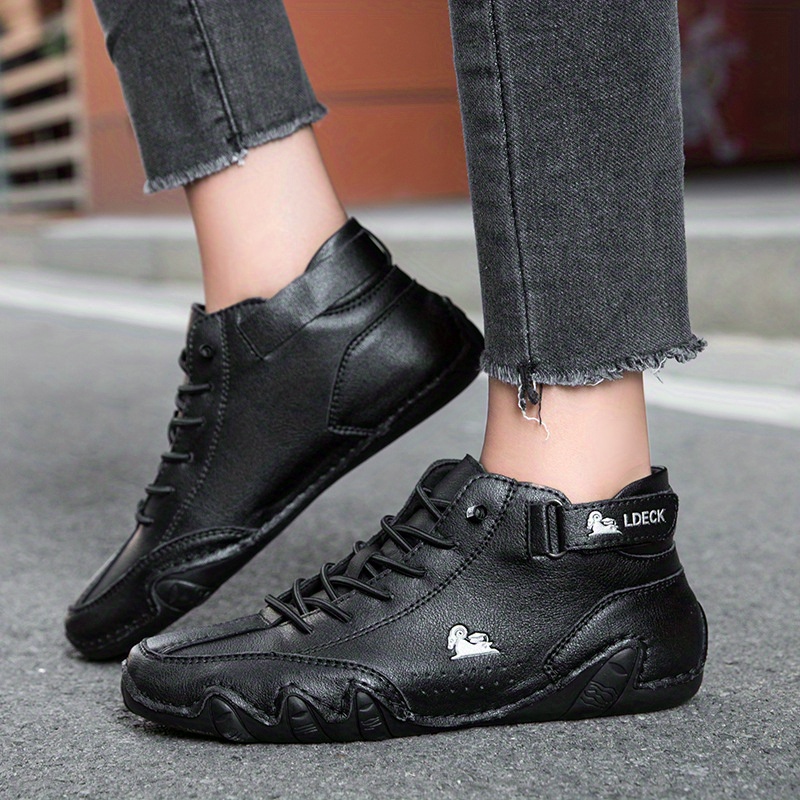 womens retro ankle boots solid color lace up mid top sneakers waterproof non slip flat boots details 3