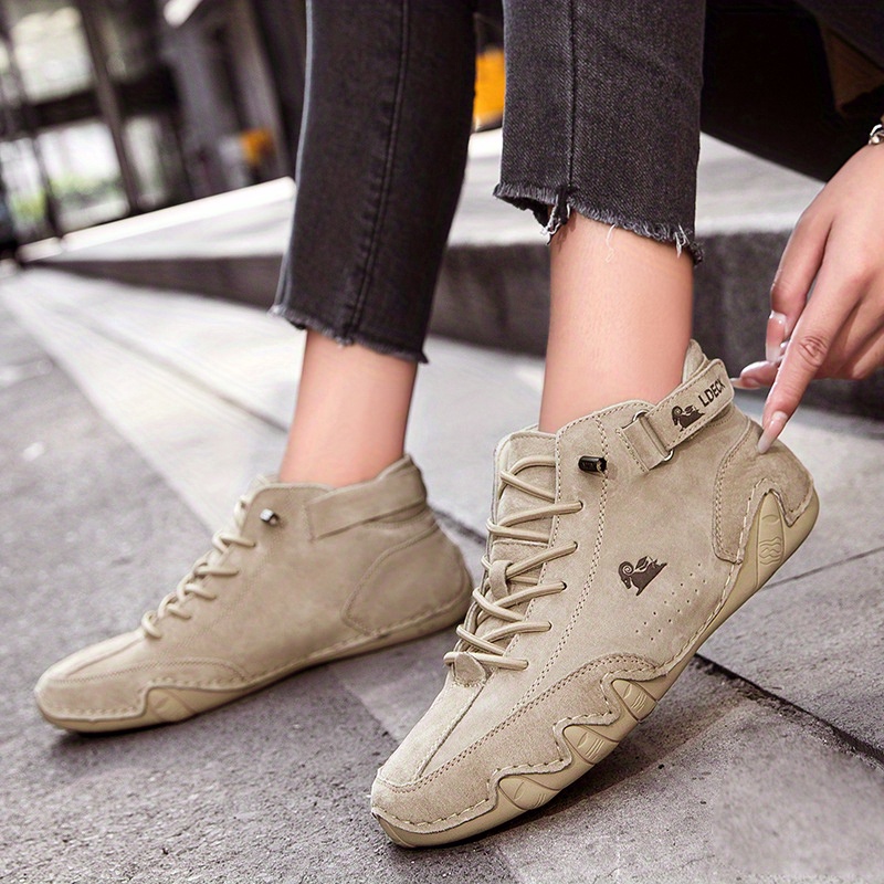 womens retro ankle boots solid color lace up mid top sneakers waterproof non slip flat boots details 5