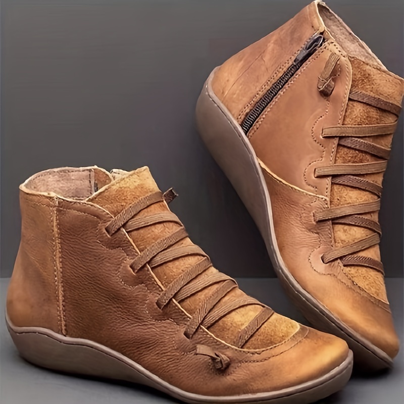 womens vintage flat ankle boots solid color lace up side zipper shoes comfy short boots details 3