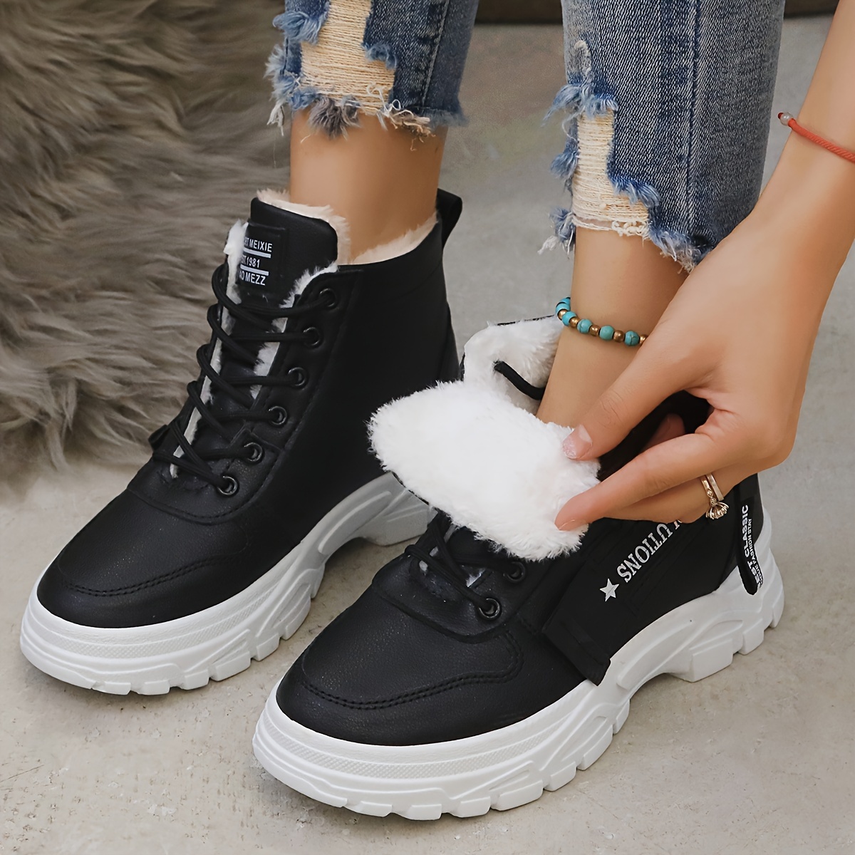 womens platform short boots casual lace up plush lined boots comfortable ankle boots details 6