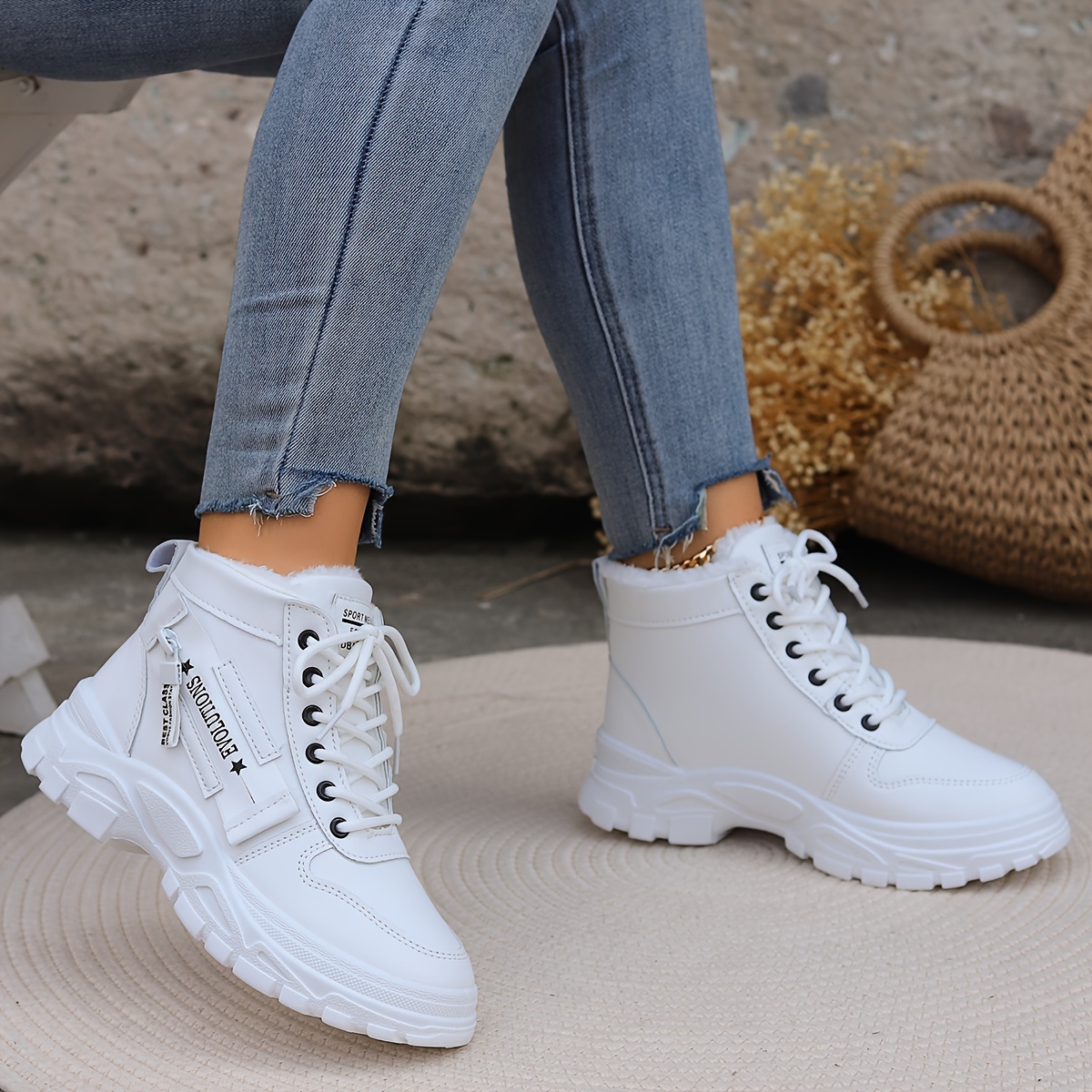 womens thermal lined winter boots lace up platform fluffy non slip shoes versatile plush warm casual shoes details 4