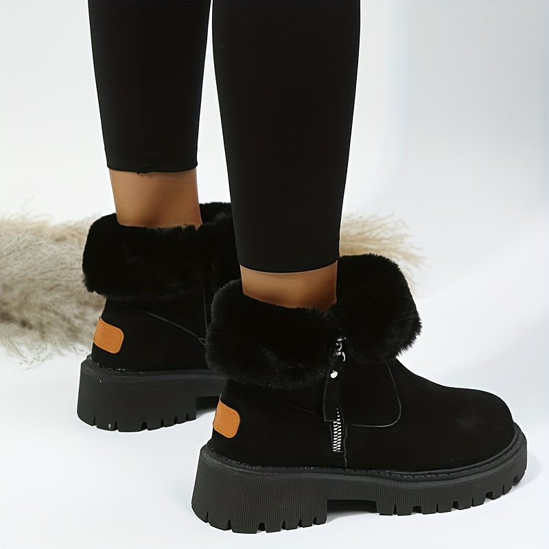 womens solid color platform short boots casual side zipper fur lined boots comfortable winter boots details 5