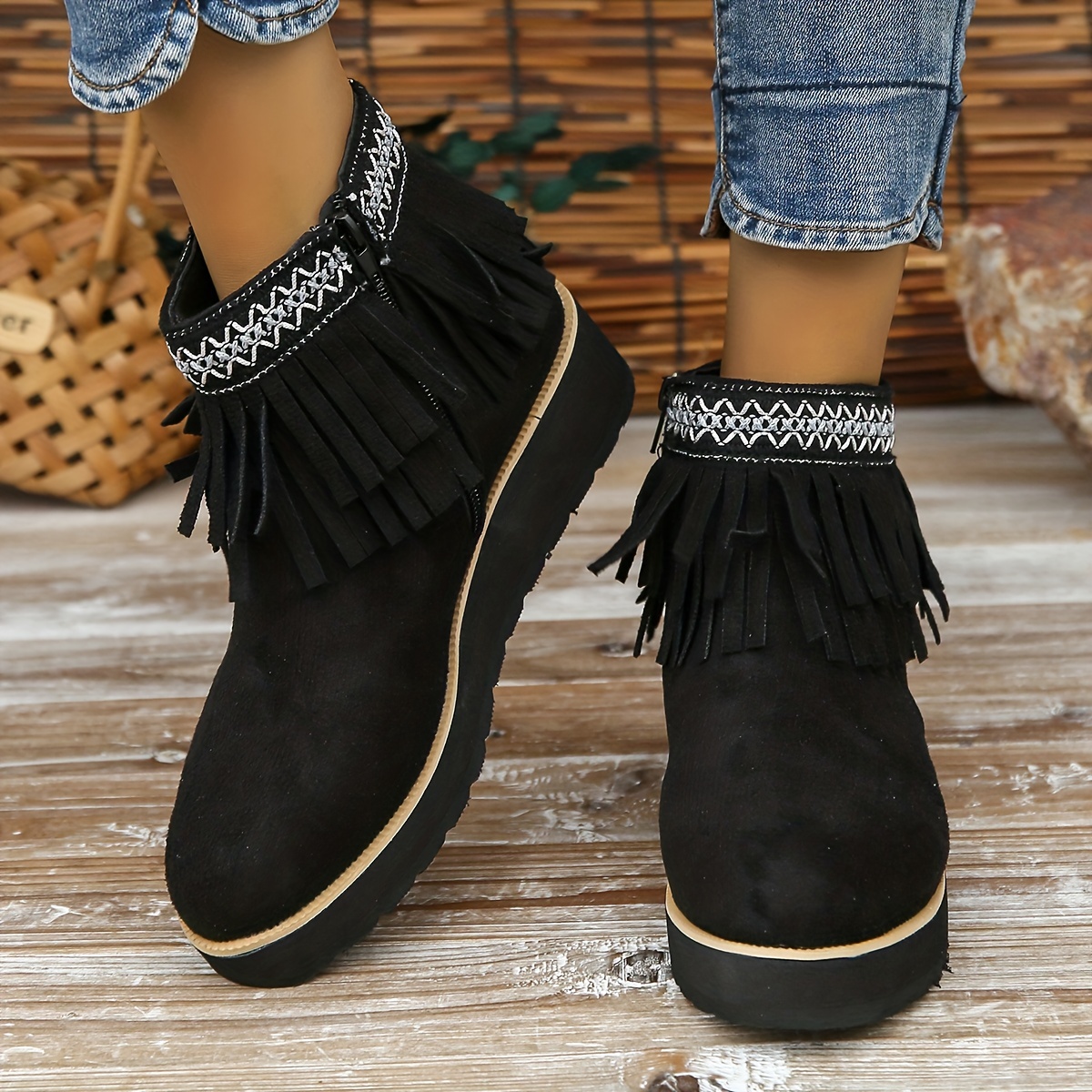 womens tassel wedge ankle boots solid color round toe height increasing boots retro side zipper short boots details 1