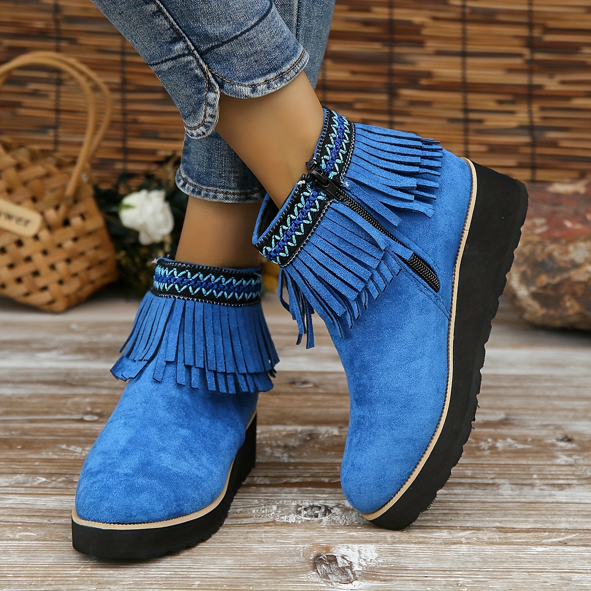 womens tassel wedge ankle boots solid color round toe height increasing boots retro side zipper short boots details 4