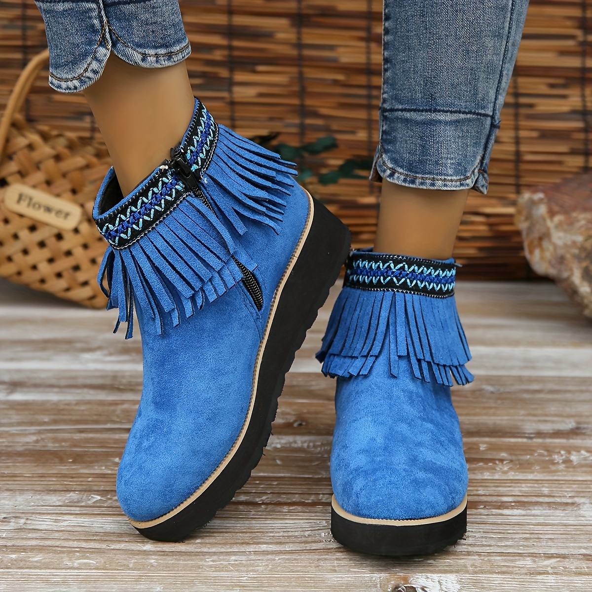 womens tassel wedge ankle boots solid color round toe height increasing boots retro side zipper short boots details 5