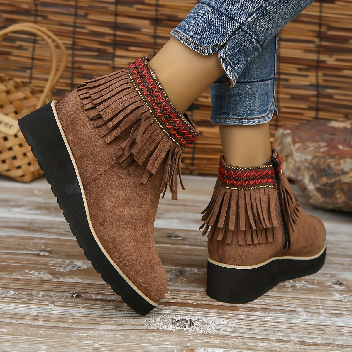 womens tassel wedge ankle boots solid color round toe height increasing boots retro side zipper short boots details 6