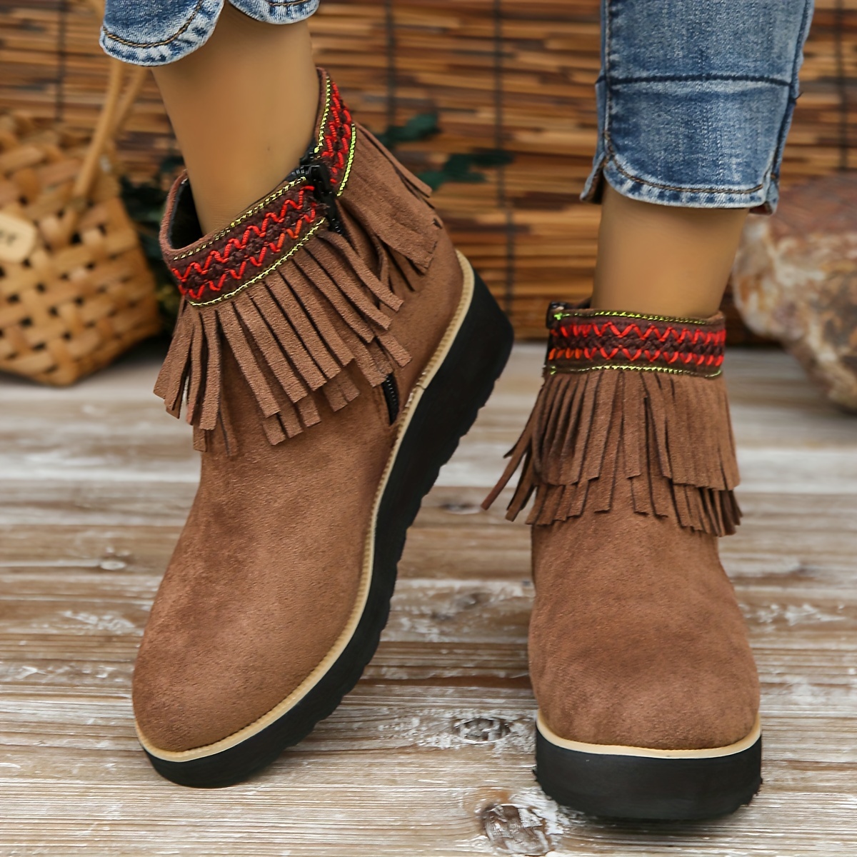 womens tassel wedge ankle boots solid color round toe height increasing boots retro side zipper short boots details 7